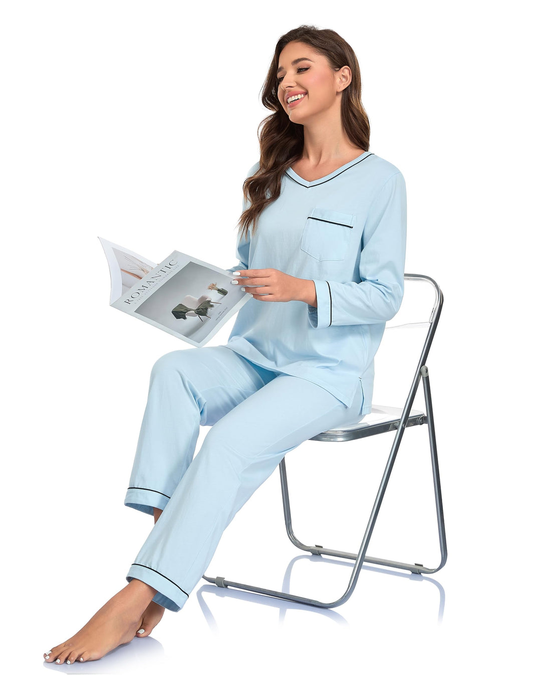 EA'S SECRET 100% cotton Pajamas for Women Summer Lightweight Long Sleeve Pjs 2 Piece Soft Lounge Sleepwear with pocket