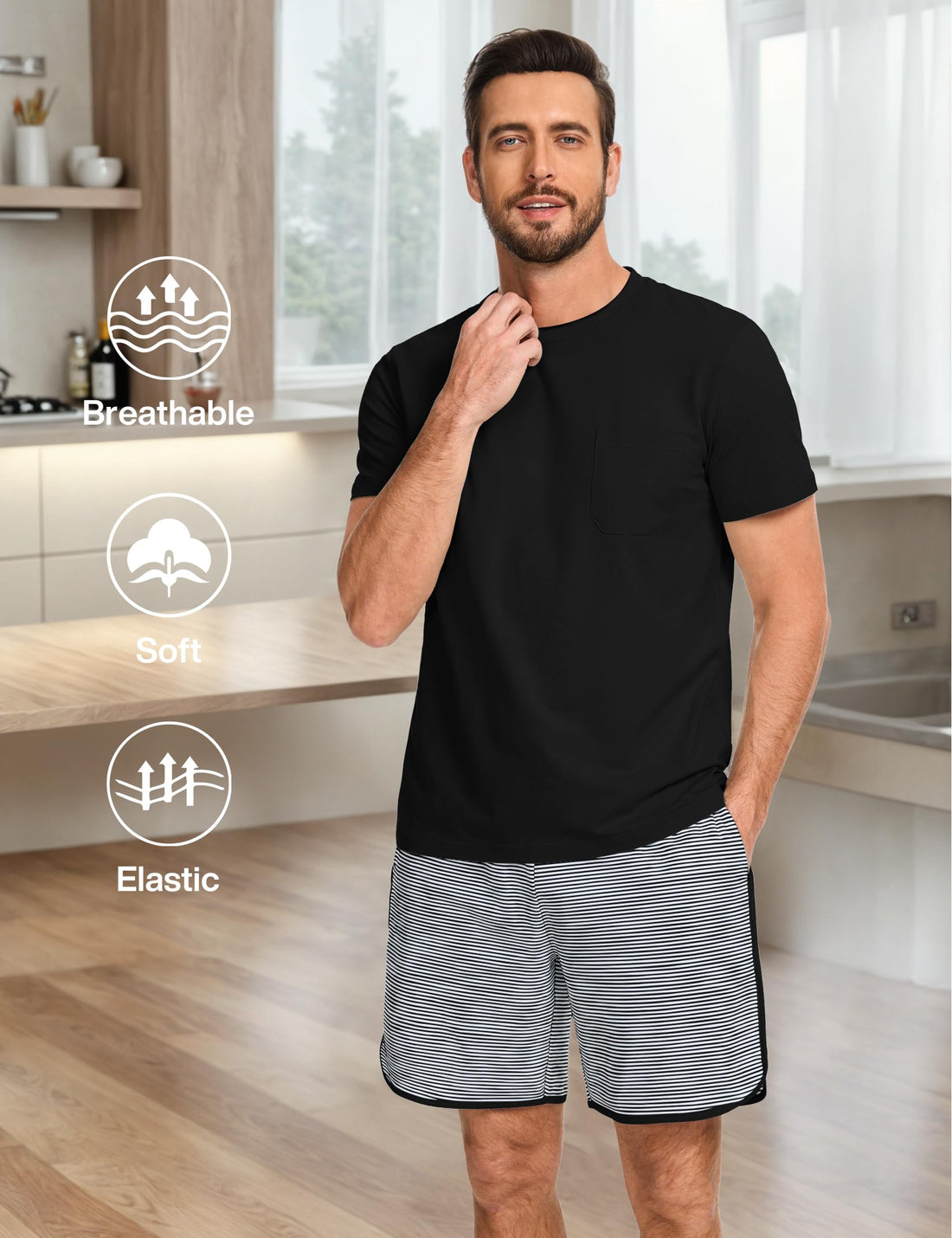 Mens Cotton Pajamas Set Stripe 2 Piece Lounge Set Pjs Summer Short Sleeve and Shorts Comfy Loungewear with Pockets WEBE CLOTHING
