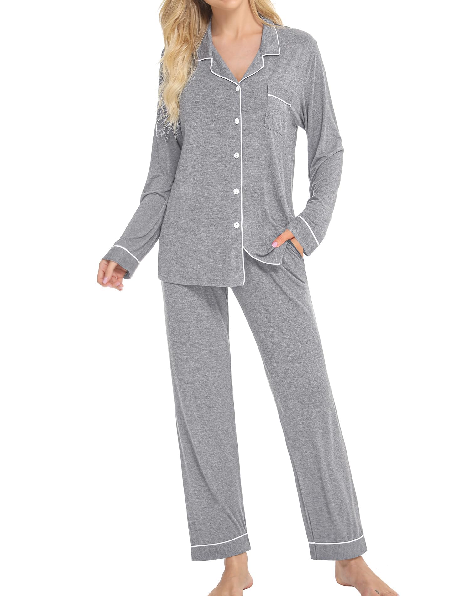 SWOMOG Womens Pajamas Set Long Sleeve Sleepwear Button Down Nightwear Soft Cotton Pj Lounge Sets