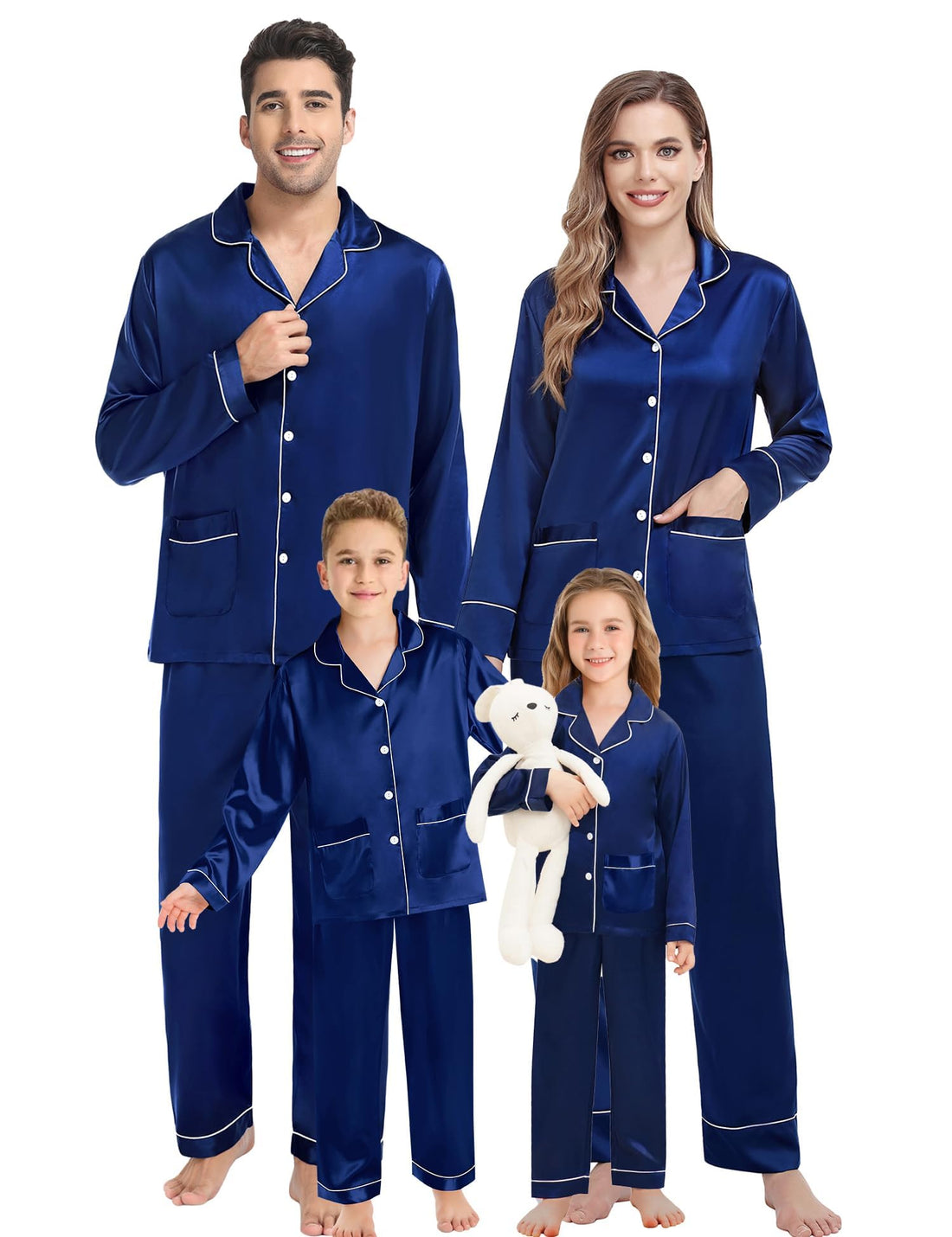 SWOMOG Matching Family Pajamas Set Women & Men & Kids Silk Satin Pjs 2 Pcs Long Sleeve Button Down Sleepwear with 2 Pockets