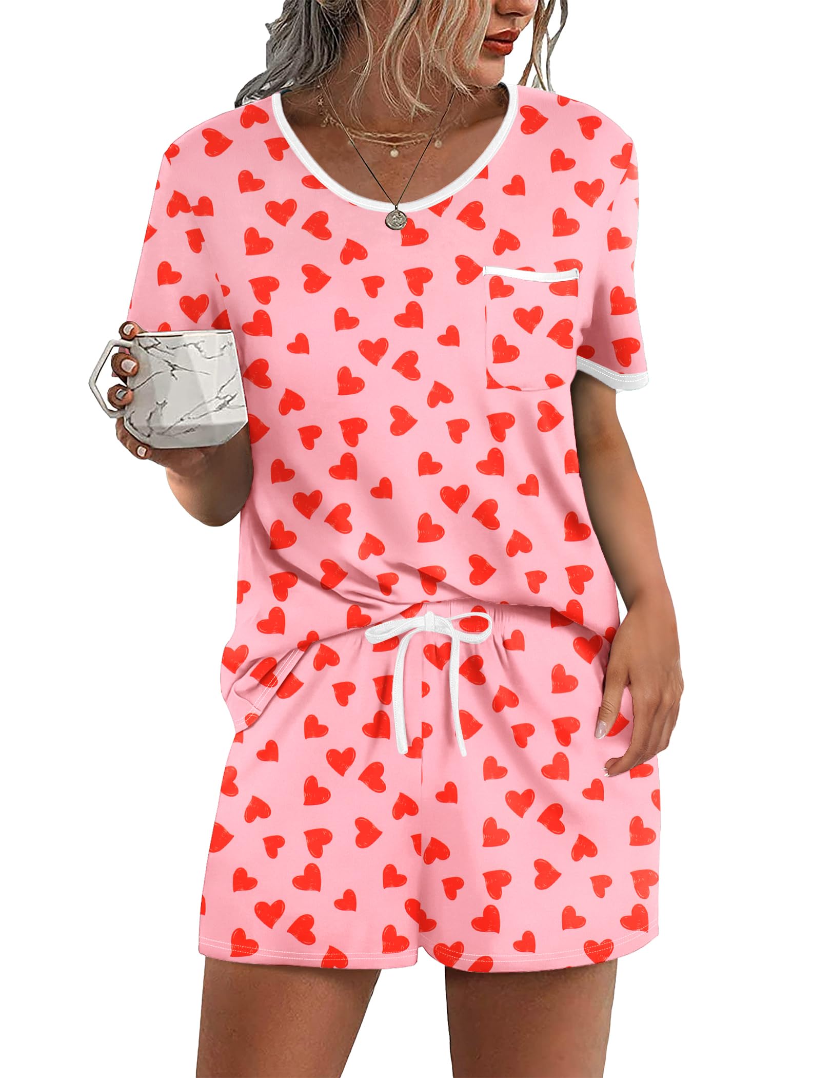 Ekouaer Pajama Set for Women 2 Piece Lounge Set Short Sleeve Tops and Shorts Soft Sleepwear, Chest Pocket