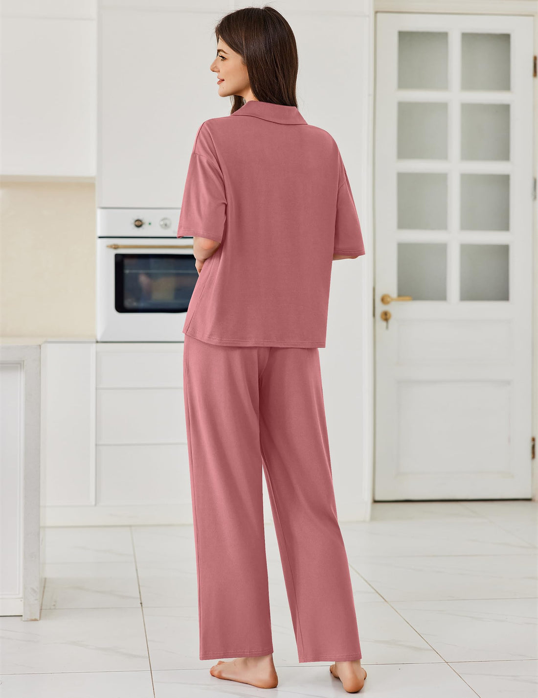Ekouaer Women Pajamas Set Button Down Sleepwear Short Sleeve Pjs Soft Comfy Nightwear with Long Pants S-XXL