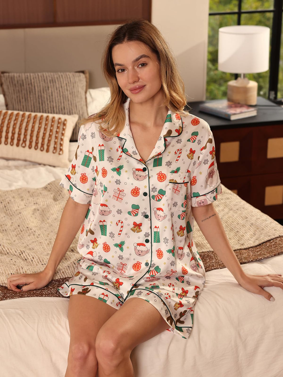 Christmas Pajamas Shorts Silk Pjs Women Satin Pajama Cute Print Tee and Shorts Gift Sleepwear 2 Pieces Loungewear