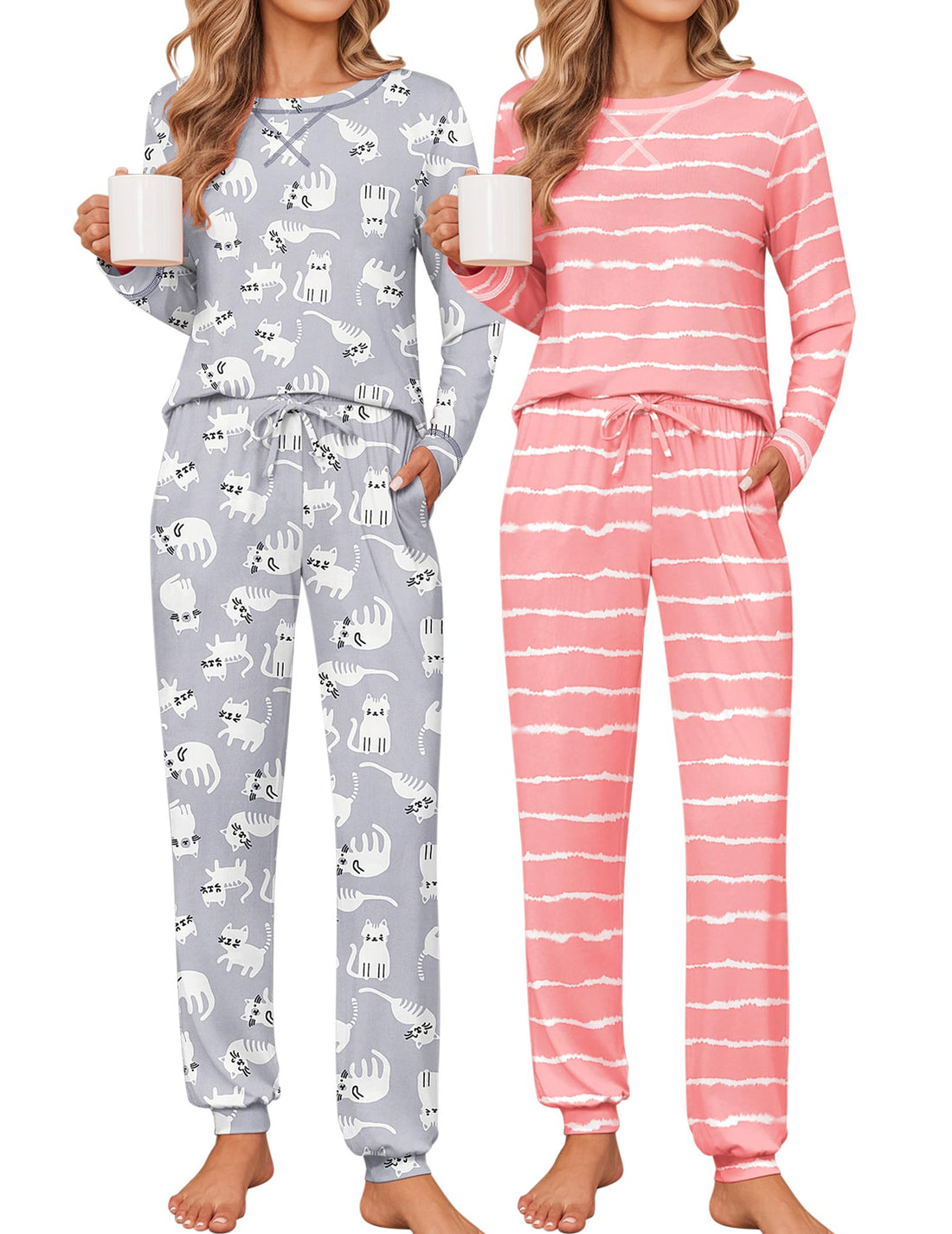 Ekouaer 2 Pack Pajama Sets for Womens Jogger Pants Pjs Long Sleeves Lounge Set Soft Sleepwear with Pockets