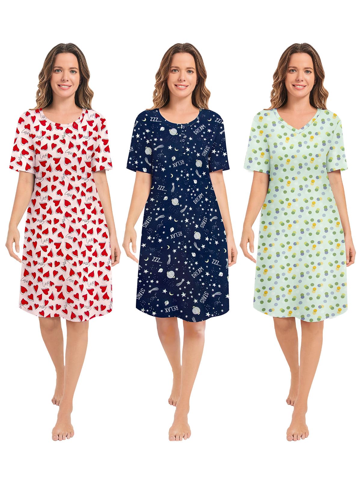 3 Pack Nightgowns for Women Short Sleeve Night Gown Soft Sleep Shirts Women's Sleepwear Print Sleep Dress WEBE CLOTHING