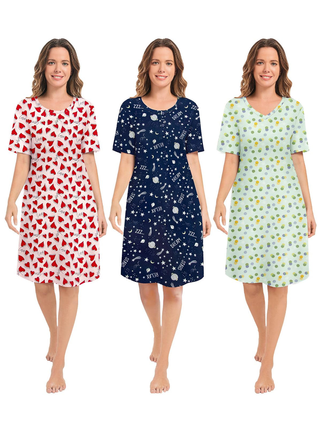 3 Pack Nightgowns for Women Short Sleeve Night Gown Soft Sleep Shirts Women's Sleepwear Print Sleep Dress WEBE CLOTHING