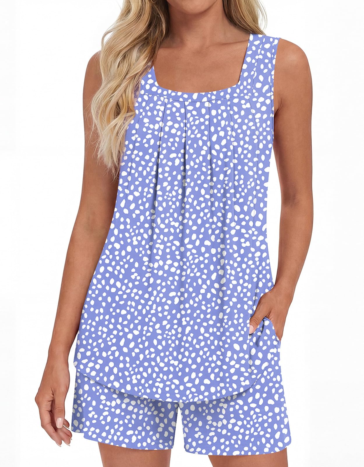 LONGYUAN Womens Sleeveless Pajama Set Soft Summer Lounge Shorts Tank Top Sleepwear with Pockets 2 Piece Set M-3XL