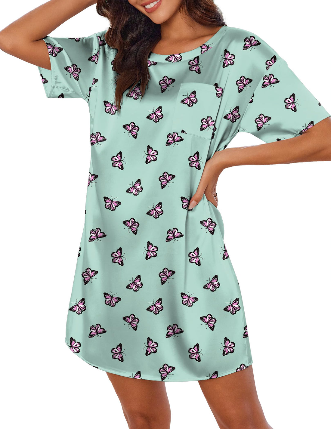 Ekouaer Silk Sleep Shirts for Women Satin Nightshirt Tshirt Nightgown Short Sleeve Round Neck Sleepwear with Pocket S-2XL