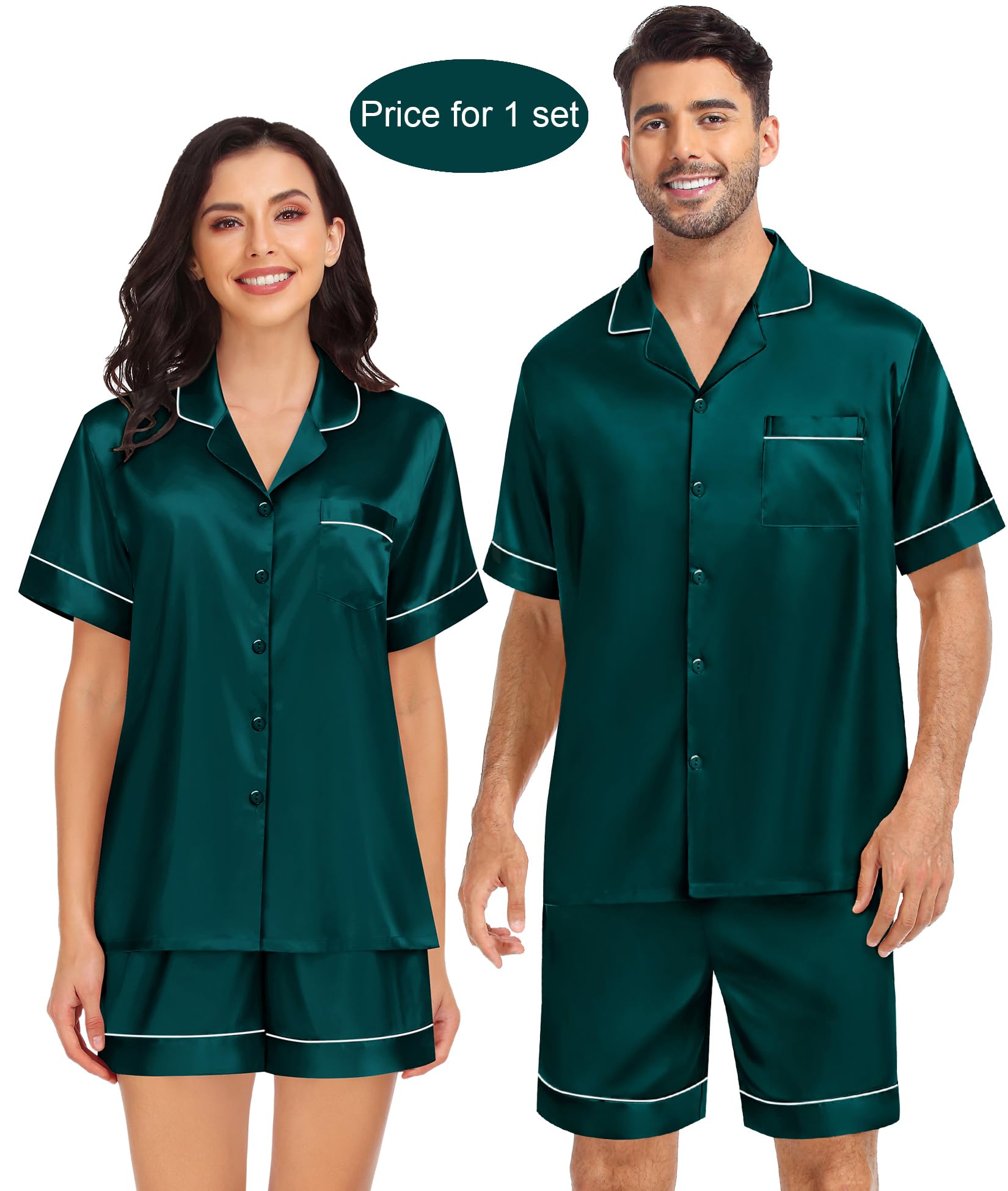 SWOMOG Couples Matching Pajamas Set Satin Short Sleeve Button Down Tops Silk Shorts Pj Lounge Set Soft Sleepwear