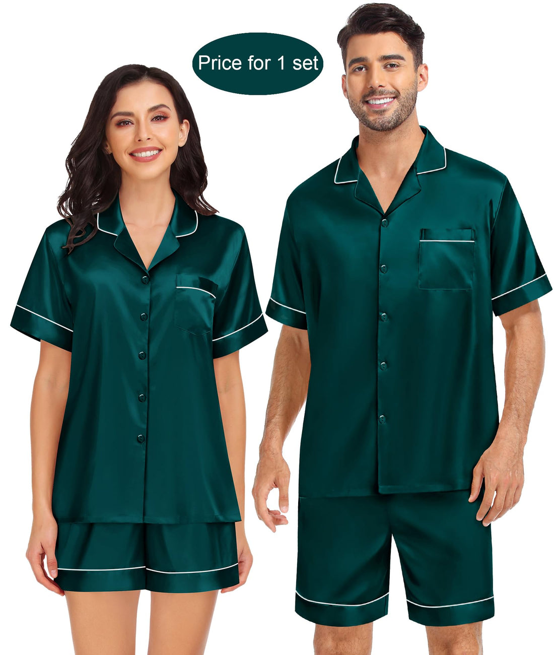 SWOMOG Couples Matching Pajamas Set Satin Short Sleeve Button Down Tops Silk Shorts Pj Lounge Set Soft Sleepwear