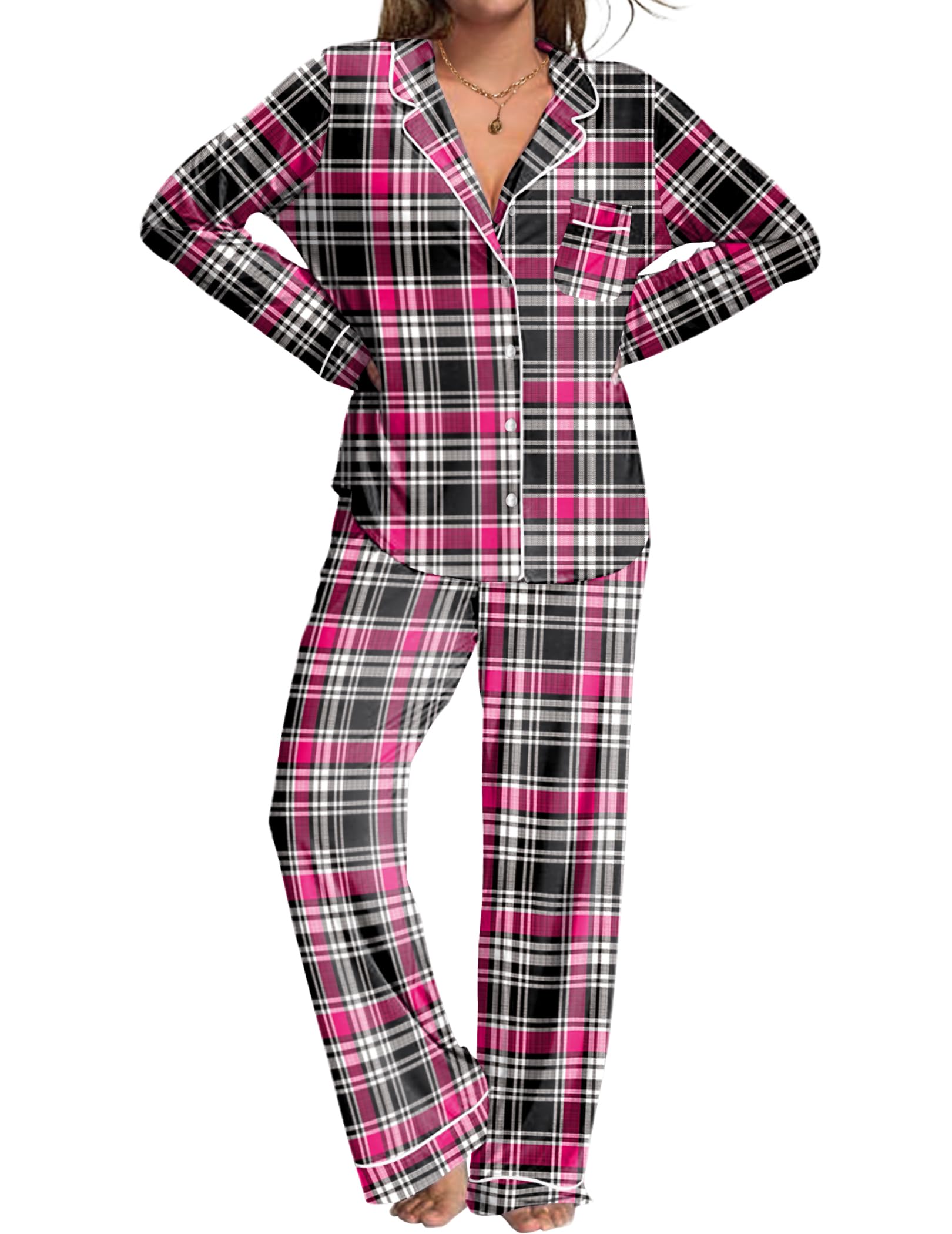 Ekouaer Womens Pajamas Set 2 Piece Button Down Pjs Soft Long Sleeve Top and Pants Sleepwear Set Lounge Sets