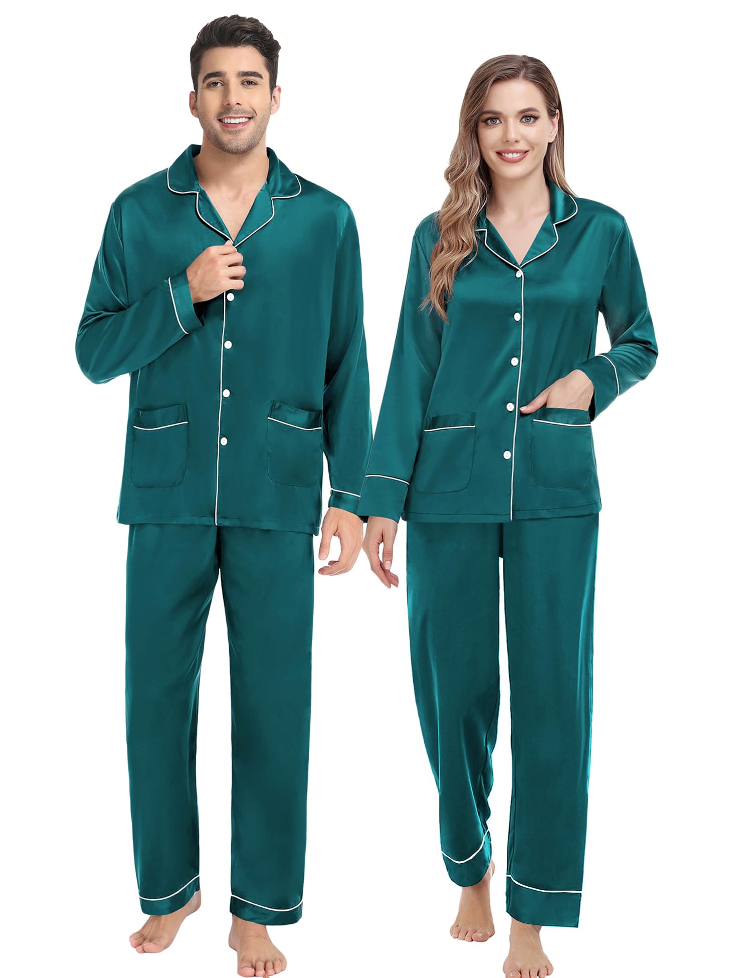 SWOMOG Matching Family Pajamas Set Women & Men & Kids Silk Satin Pjs 2 Pcs Long Sleeve Button Down Sleepwear with 2 Pockets