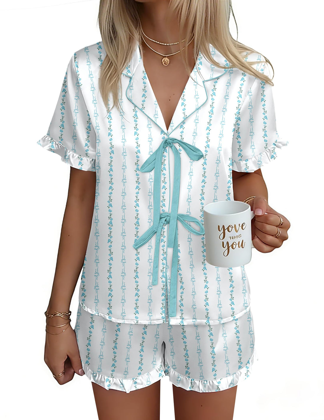 Ekouaer Satin Pajama for Women Short Sleeve Silky Pj Short Set Bow Front Tie Up Loungewear Sleepwear