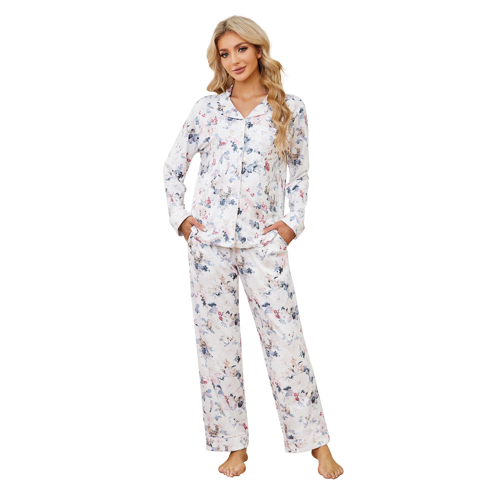 LYCY Womens Pajama Sets Floral Print, Long Sleeve Button Down Pajamas Set for Women Soft Sleepwear Pjs 2 piece Loungewear