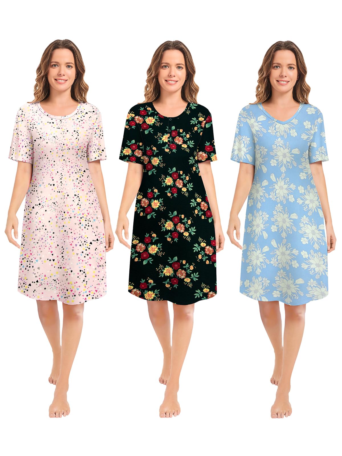 3 Pack Nightgowns for Women Short Sleeve Night Gown Soft Sleep Shirts Women's Sleepwear Print Sleep Dress WEBE CLOTHING