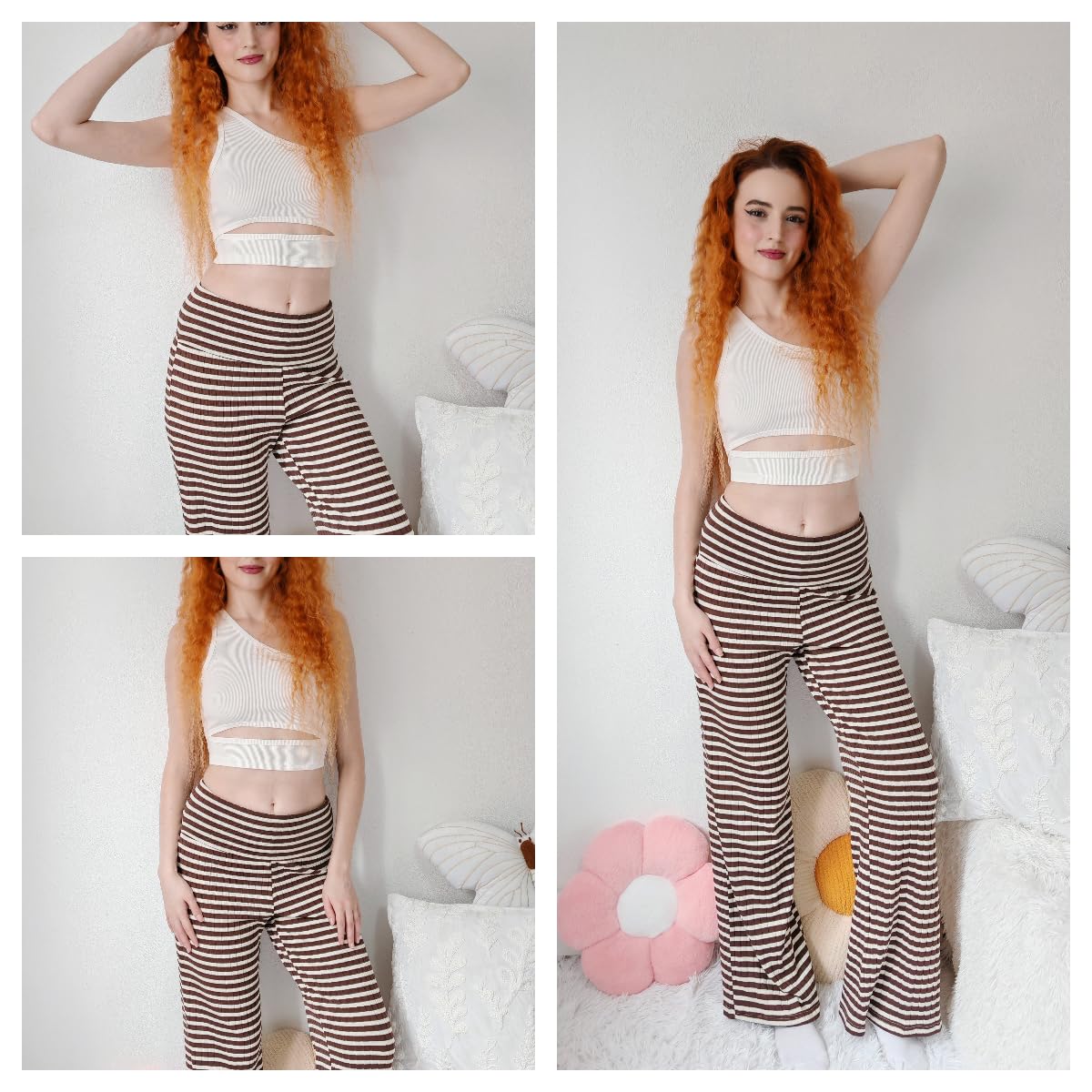 ZAFUL Women's Striped Pants Casual Fold Waist Wide Leg Pants Lightweight Comfy Stretchy Loose Lounge Pajama Pants