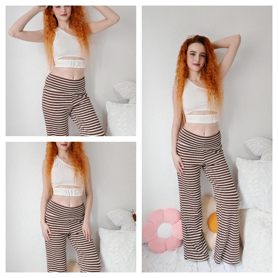 ZAFUL Women's Striped Pants Casual Fold Waist Wide Leg Pants Lightweight Comfy Stretchy Loose Lounge Pajama Pants