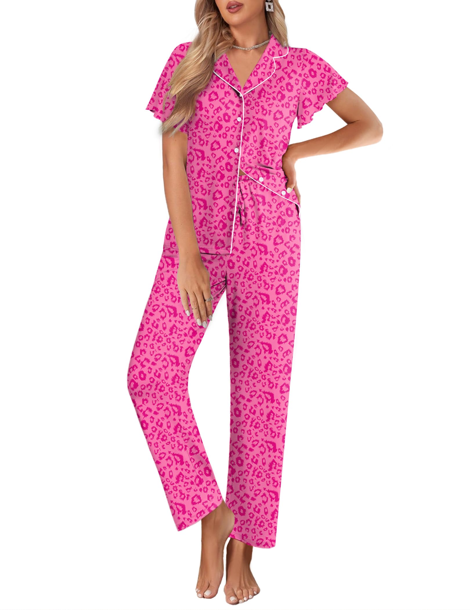 Ekouaer Pajamas for Women Set Button Up Sleepwear Cute Pjs Ruffle Sleeve Notch Collar Loungewear with Long Pants S-XXL