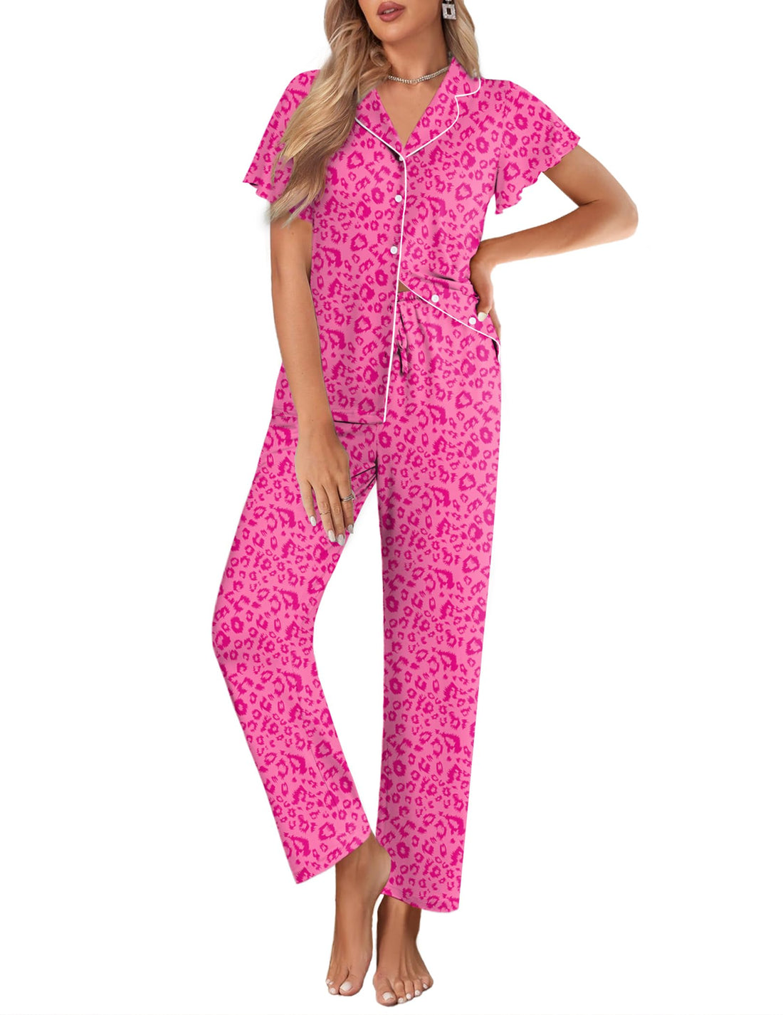 Ekouaer Pajamas for Women Set Button Up Sleepwear Cute Pjs Ruffle Sleeve Notch Collar Loungewear with Long Pants S-XXL