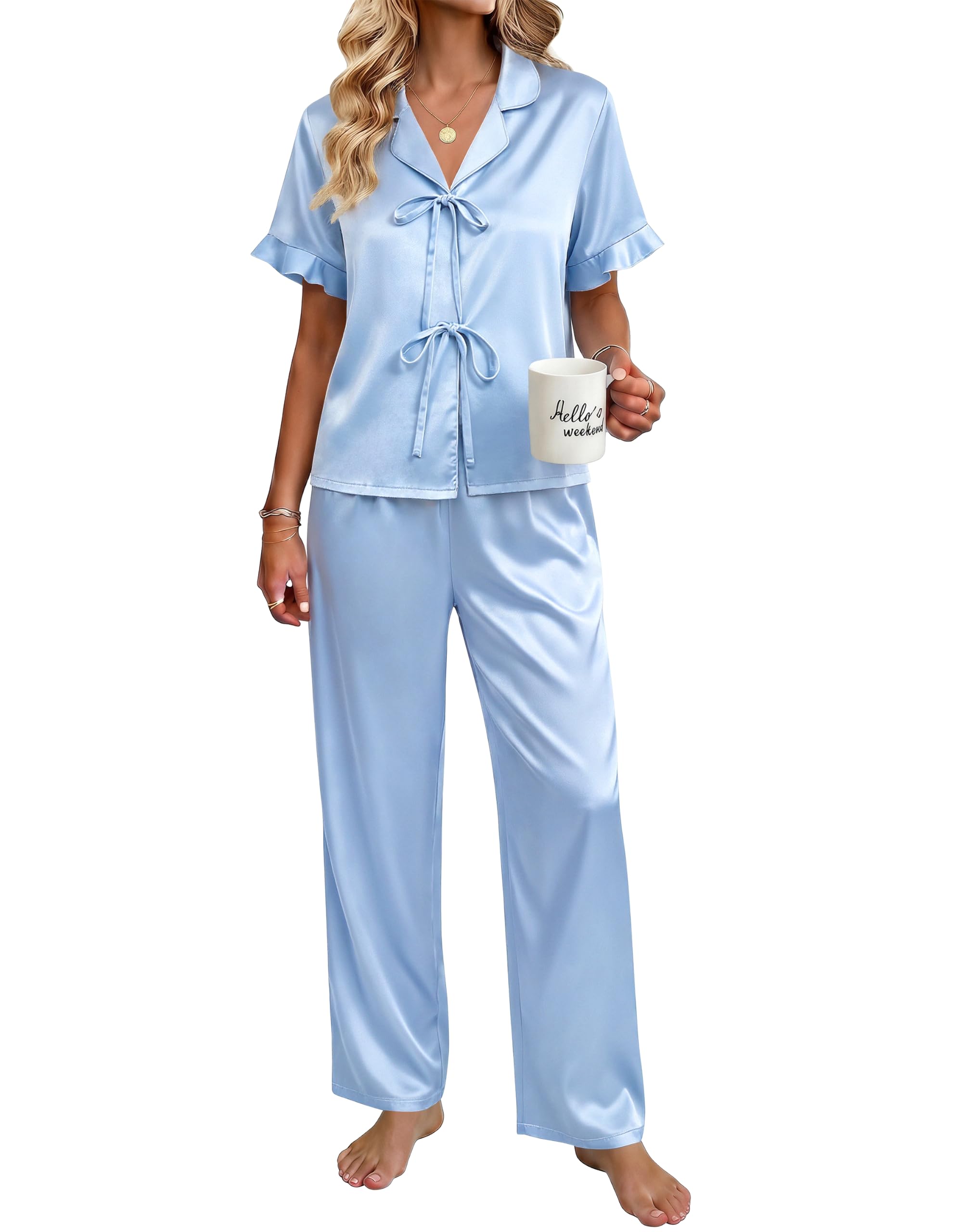 Ekouaer Womens Satin Pajama Sets Silky Tie Front Ruffle Pjs Sets Sleepwear | Soft lightweight satin fabric; tie-front top with ruffle cuffs, ideal for loungewear, bridal party and vacation wear WEBE CLOTHING