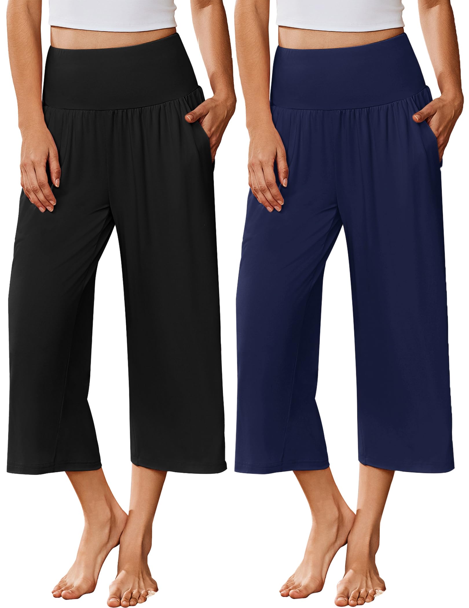 Ekouaer 2 Pack Womens Pajama Pants 2026 Wide Leg Capri Yoga Pants Lounge Comfy Sleep Pj Bottoms with Pockets