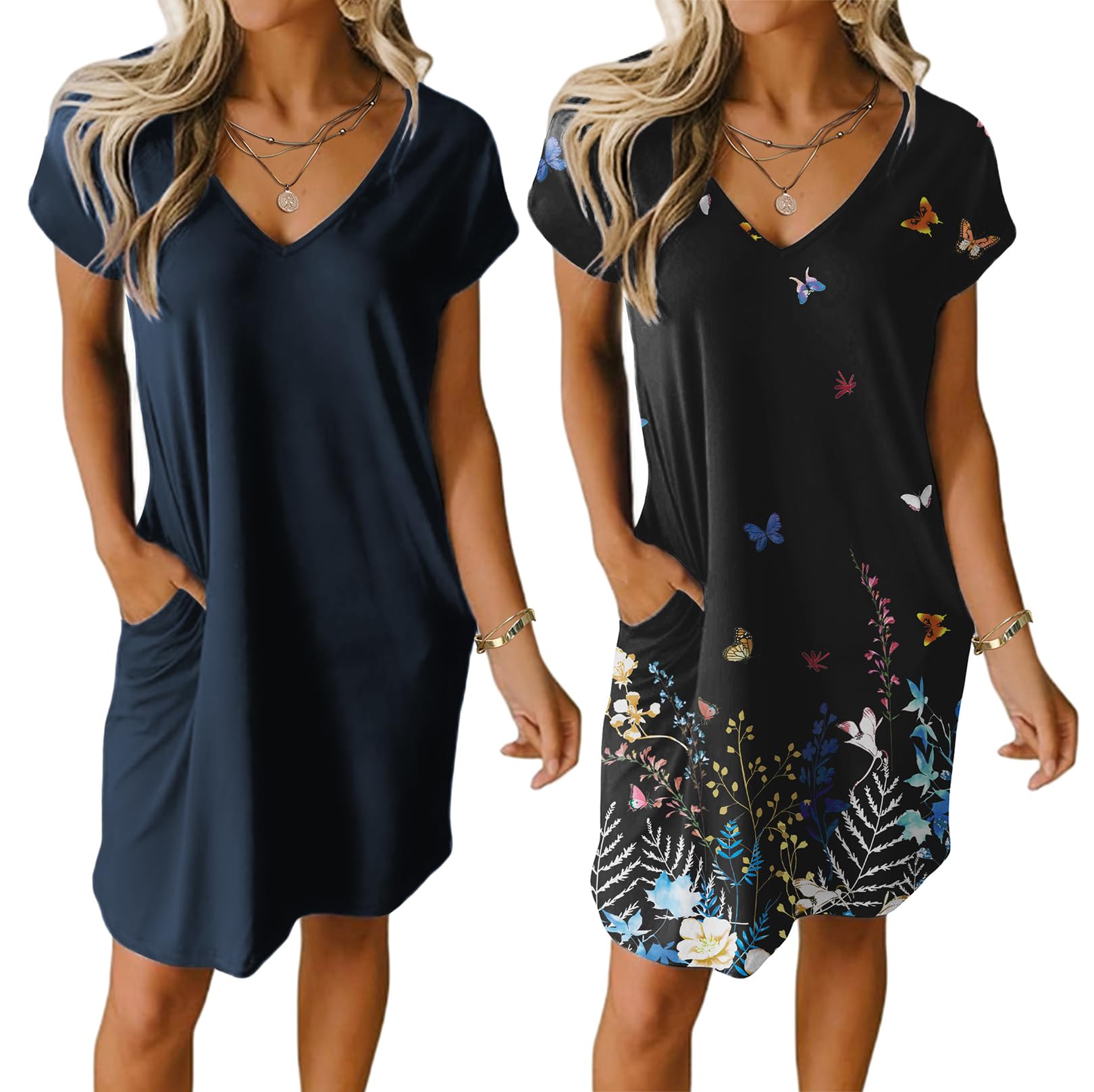 Ekouaer Womens 2 Pack Nightgown V Neck Sleepshirt Short Sleeve Nightshirt Plain/Floral Pajama Dress with Pockets