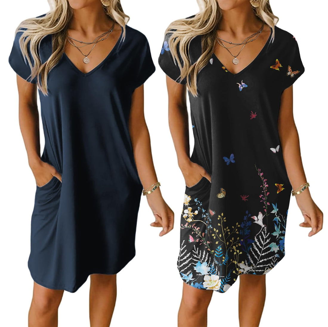 Ekouaer Womens 2 Pack Nightgown V Neck Sleepshirt Short Sleeve Nightshirt Plain/Floral Pajama Dress with Pockets