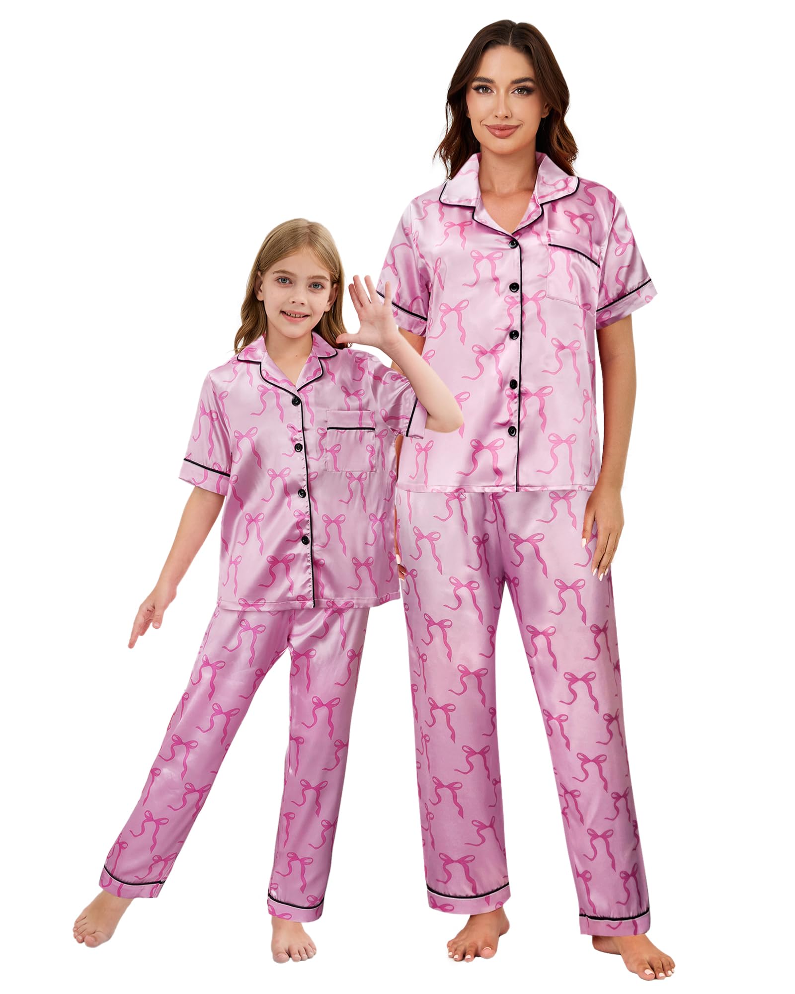 Mommy and Me Pajamas Mother Daughter Family Matching Sleepwear Button Down Silky Satin Nightwear