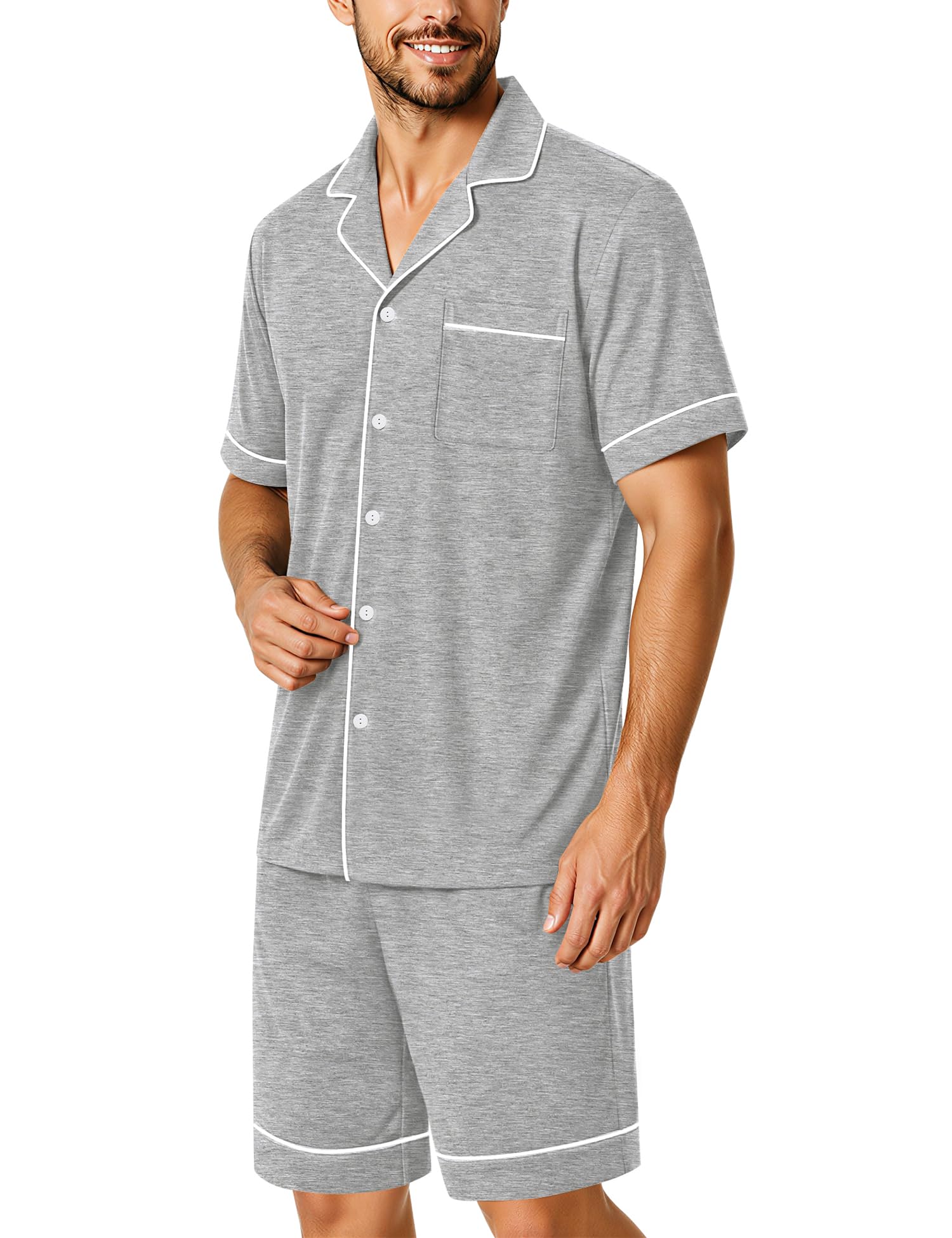 SWOMOG 100% Cotton Mens Pajama Set Short Sleeve Sleepwear Button Down Loungewear 2 PCS Cotton Pjs Set with Pockets WEBE CLOTHING
