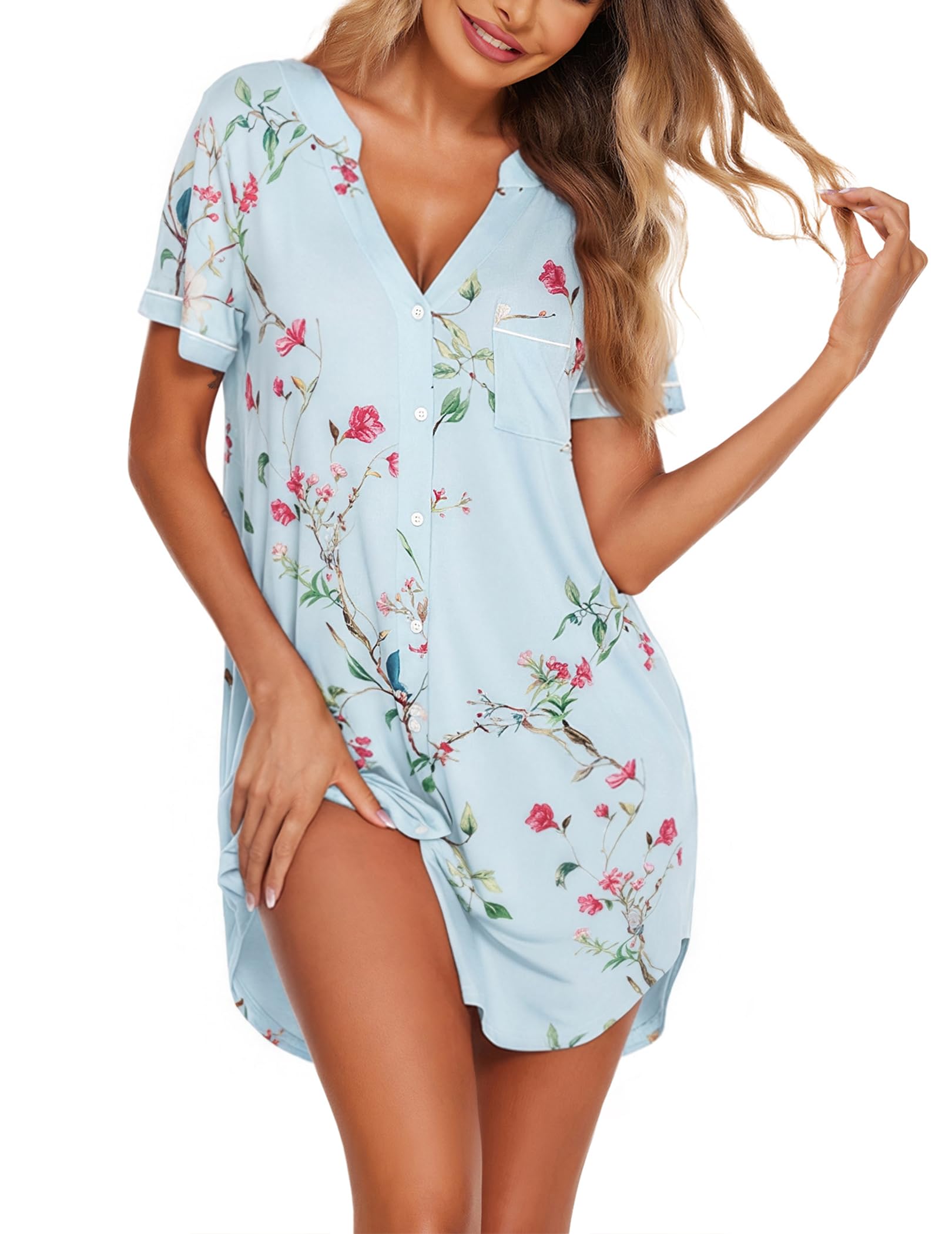 Ekouaer Nightgowns for Women Button Down Night Gowns Short Sleeve Sleep Shirt V Neck Nightshirt Soft Sleepwear Pajams Dress