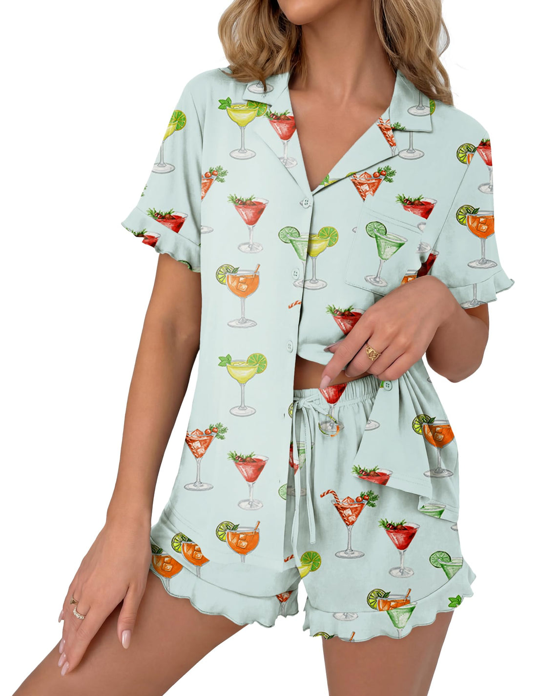 Ekouaer Pajamas Set for Women Button Down Pjs Lounge Sets Ruffle Short Sleeve Sleepwear Cute Loungewear