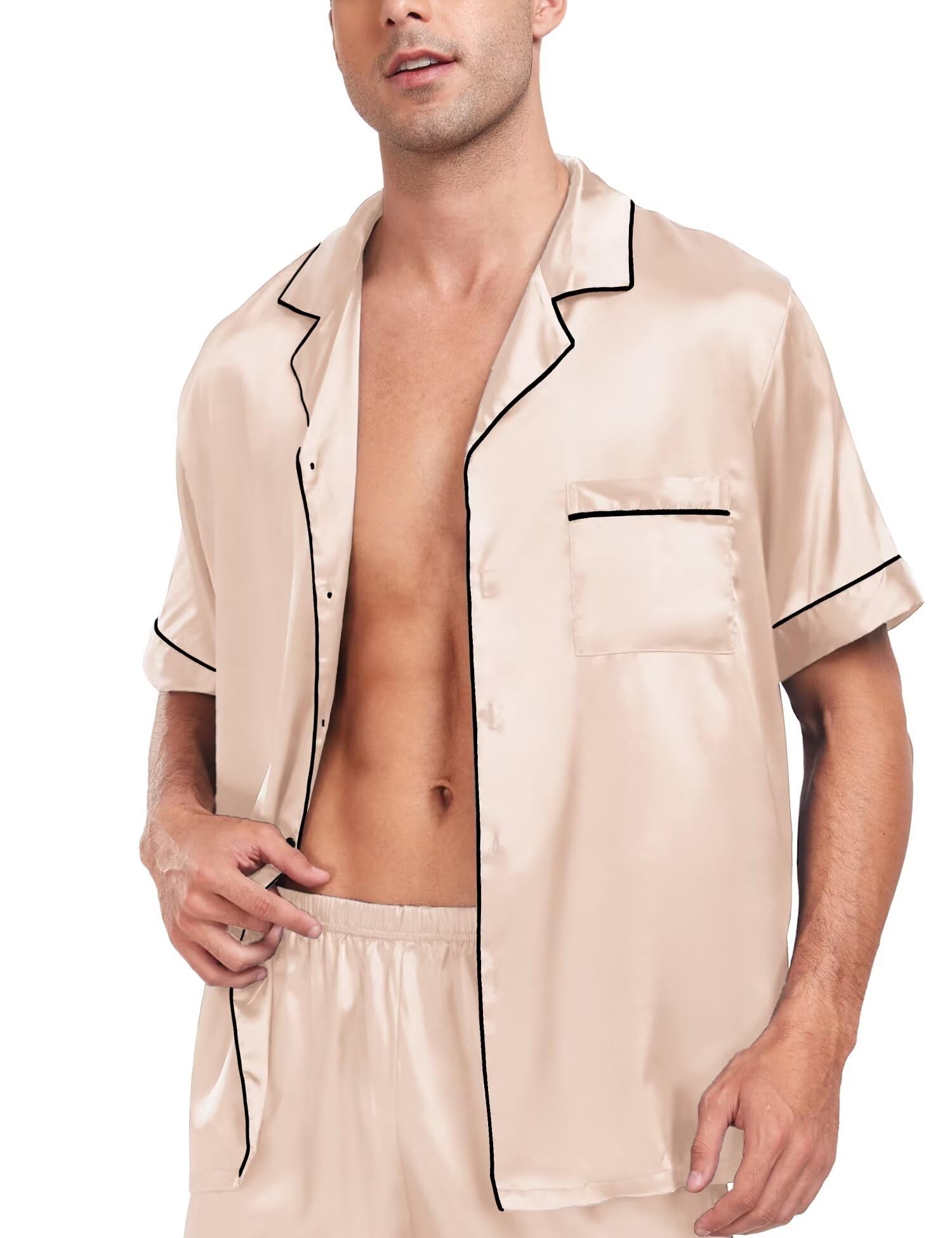 SWOMOG Couple Matching Pajamas Sets Women & Men Button Down Silk Pjs Men Short Sleeve Soft Lounge Sets 2 Pcs Loungewear