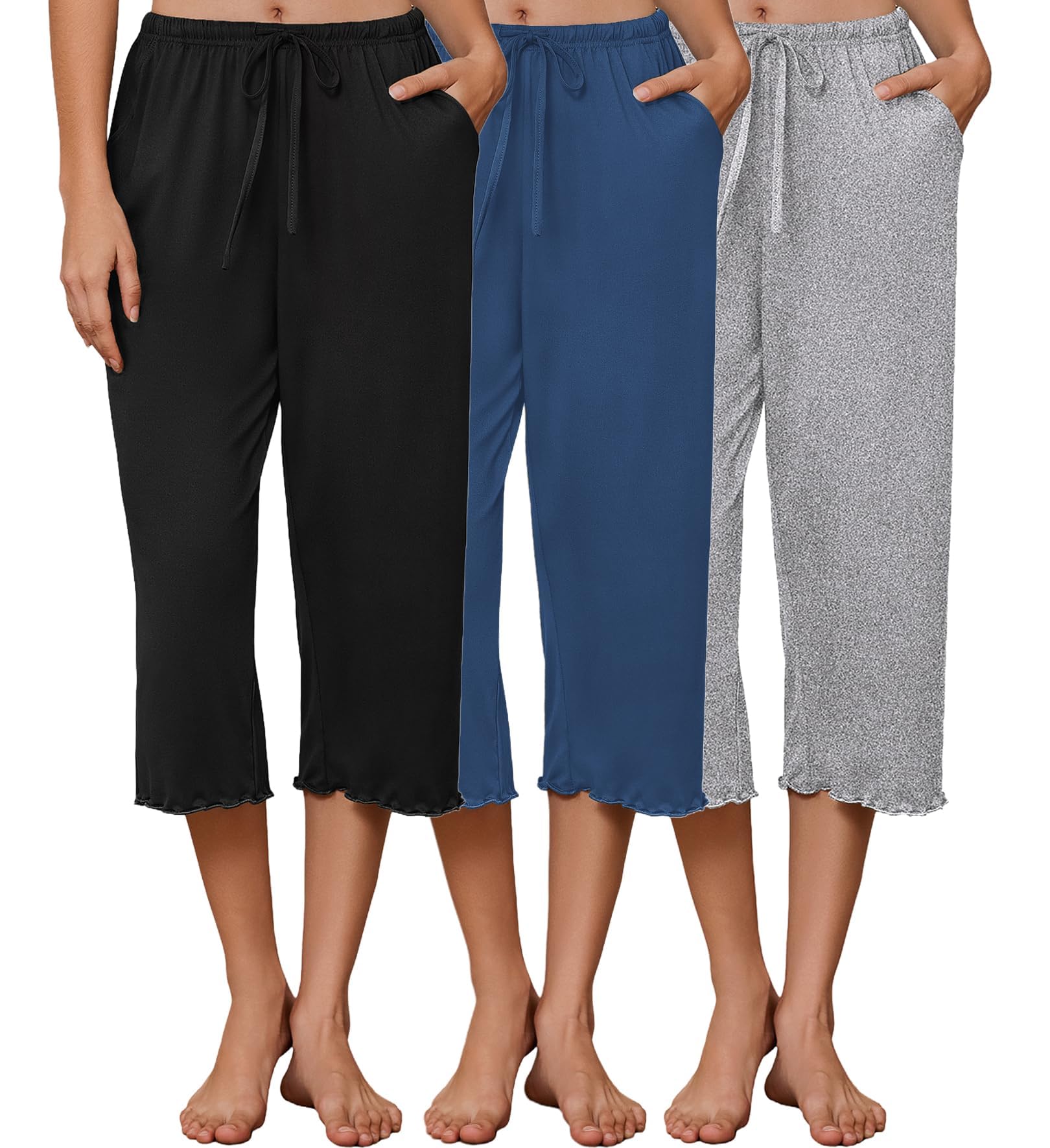 Ekouaer 3 Pack Women Capri Pajama Pants 2026 Ruffle Hem Lounge Pants Drawstring Pj Bottoms with Pockets