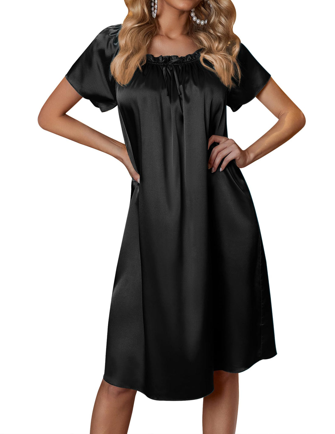 Ekouaer Women's Satin Silk Pleated Nightgown Loose Sleepwear Printed Nightshirt Short Sleeve Sleep Dress WEBE CLOTHING