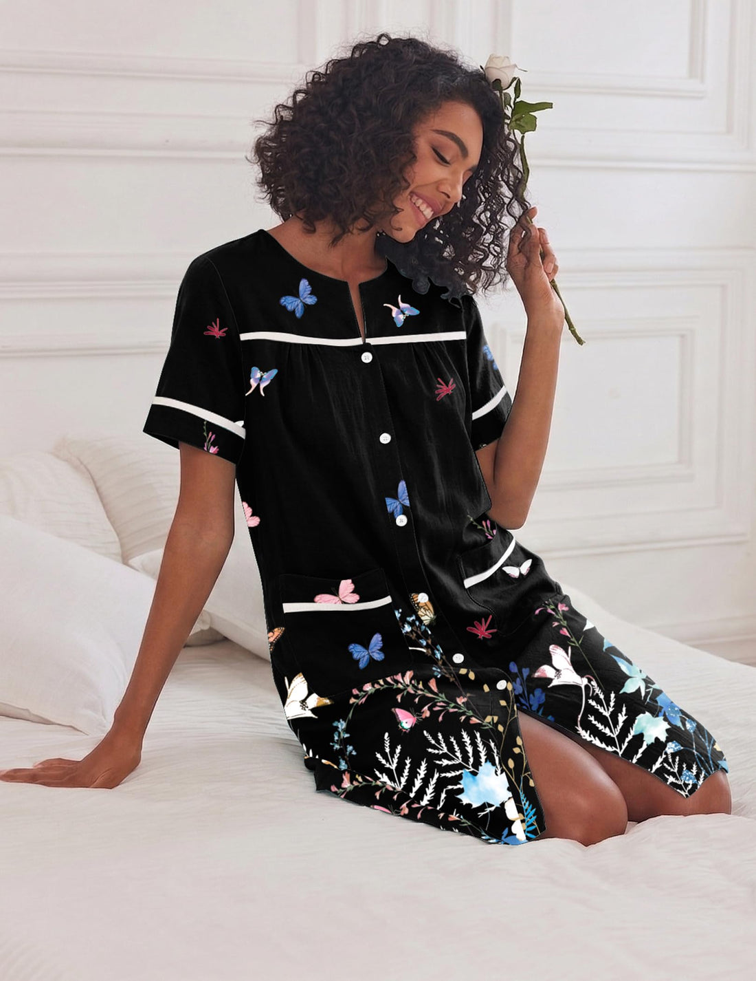 Ekouaer House Dress for Women with Pockets Duster Button Down Nightgown | Nightgowns for Women, Button Dwon House Dress with Pockets, Short Sleeve Duster Housecoat, Moo Moos for Elderly, Mumu Dress WEBE CLOTHING