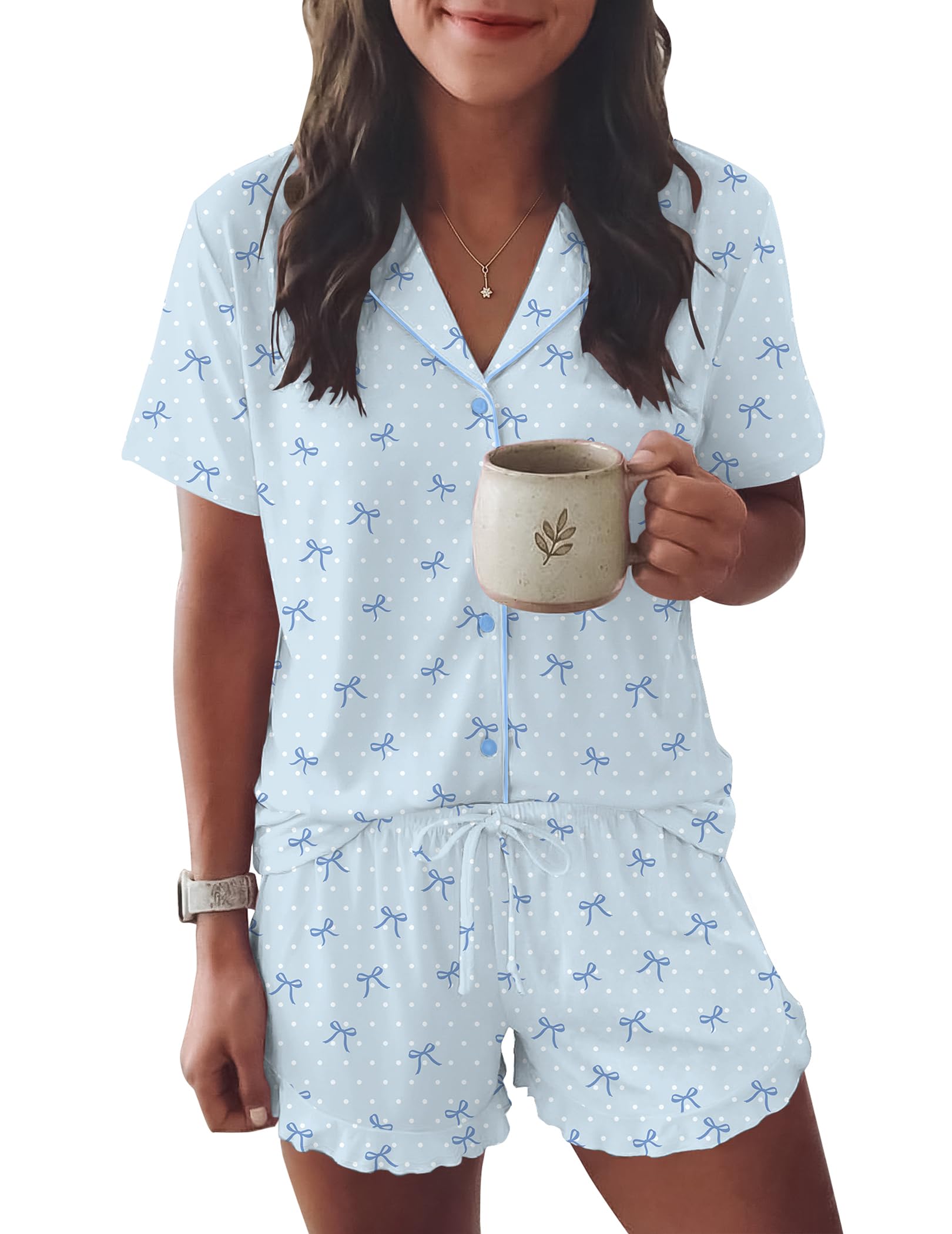Ekouaer Womens Pajama Sets Button Down Short Sleeve Top and Shorts Cute Ruffled Pjs Sets Sleepwear