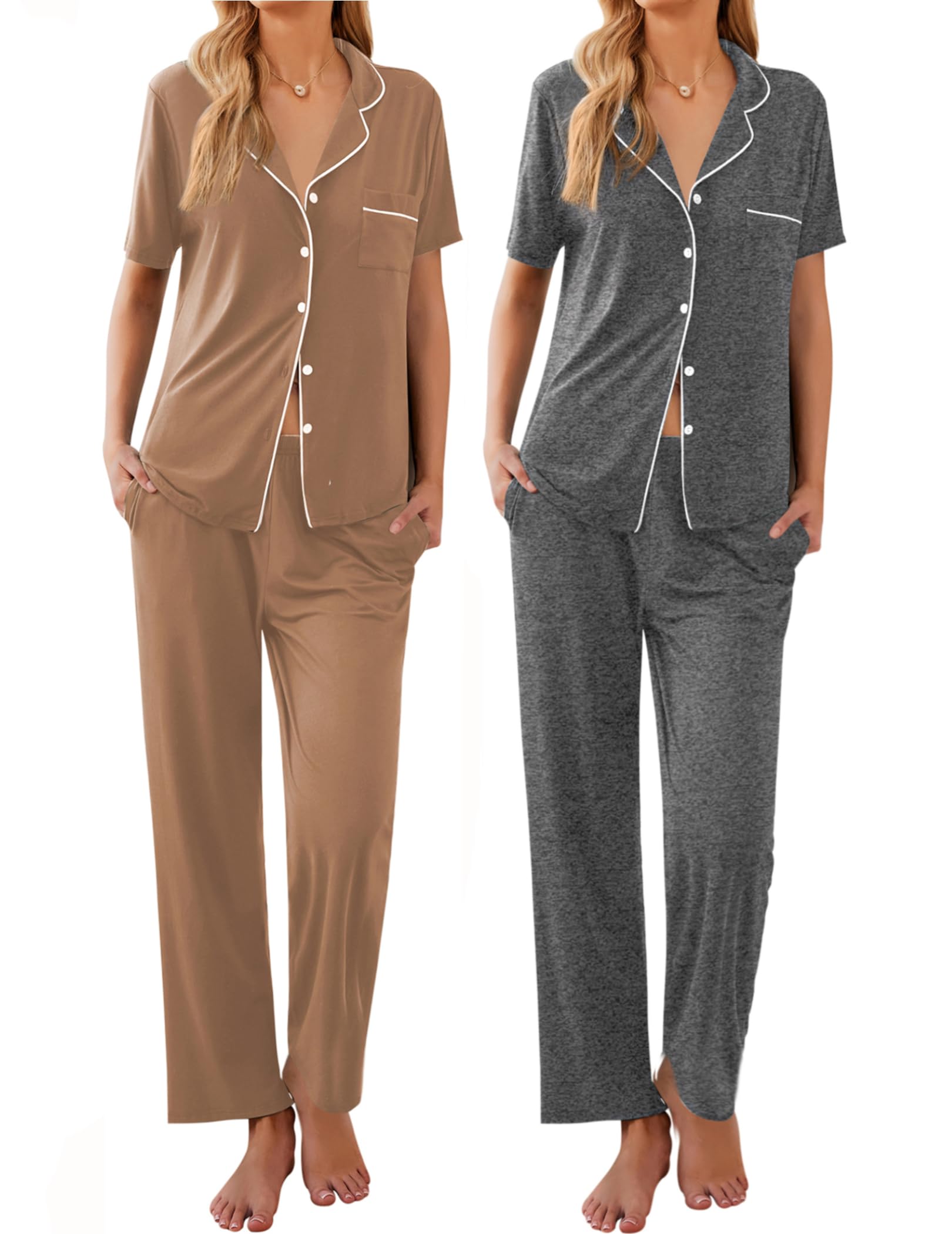 Ekouaer 2 Pack：Womens Pajamas Short Sleeve Pjs Notch Collar Button Up Loungewear Cozy Sleepwear Sets