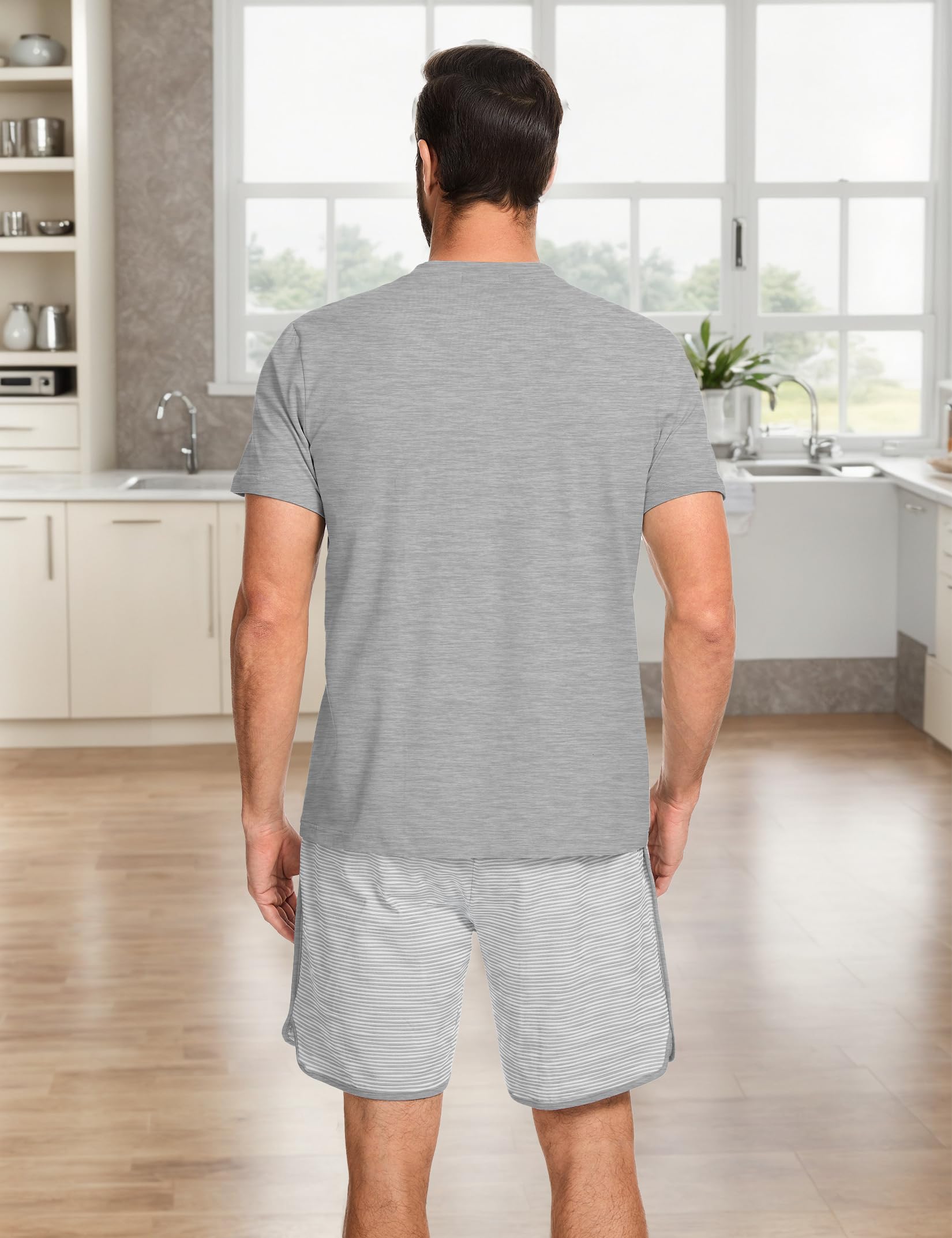 Mens Cotton Pajamas Set Stripe 2 Piece Lounge Set Pjs Summer Short Sleeve and Shorts Comfy Loungewear with Pockets WEBE CLOTHING