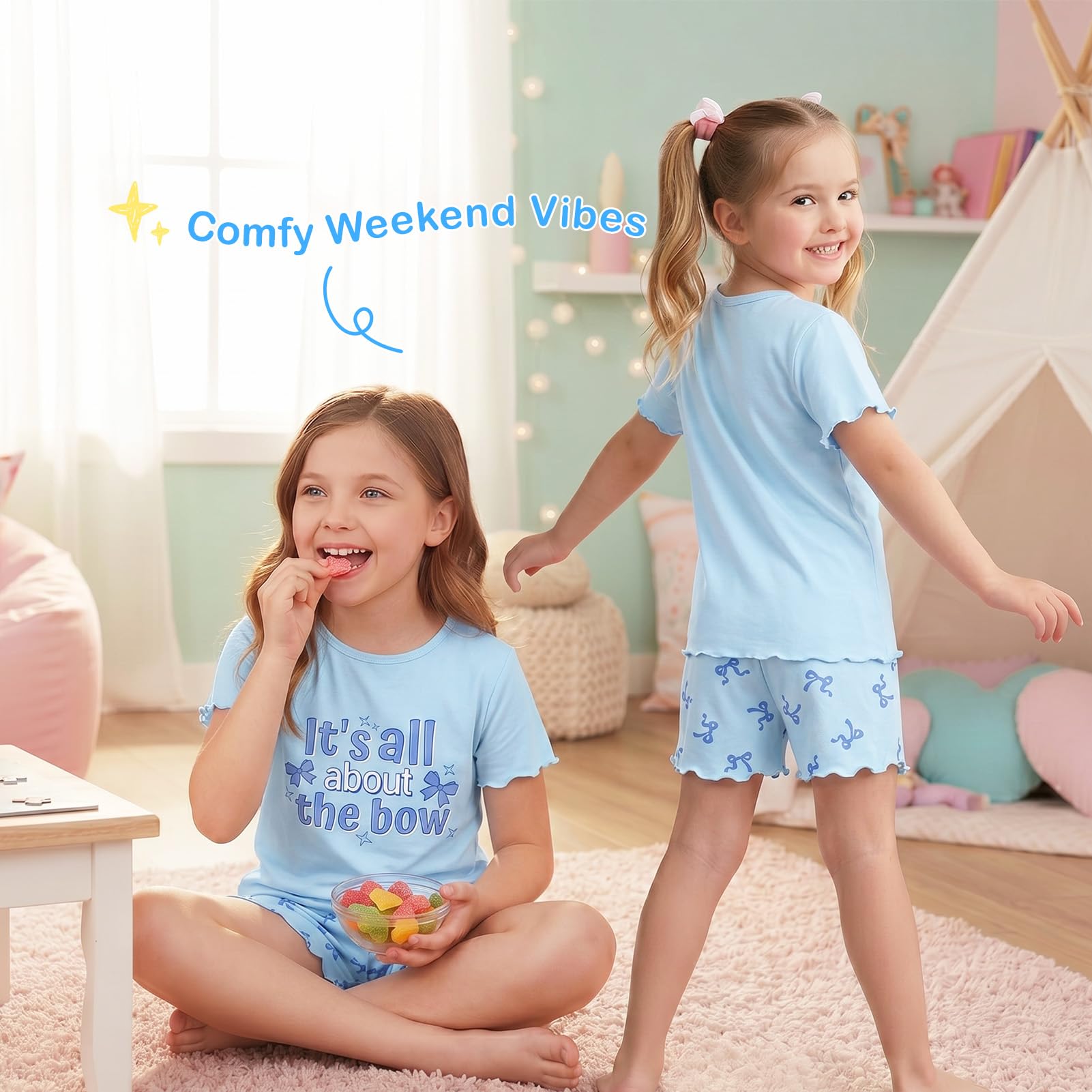 Play Tailor Girls Pajamas for Toddler Ruffled Kids Pajamas Set Short Sleeves Summer Pjs Sleepwear for Girl