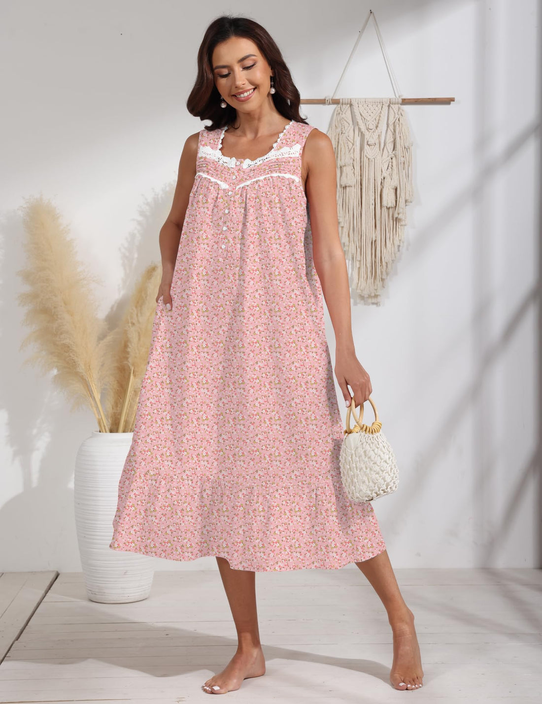 100% Cotton Floral Pearl Snap Nightgown for Women Sleeveless Victorian Sleep Dress Cotton Nightgowns with Pockets WEBE CLOTHING