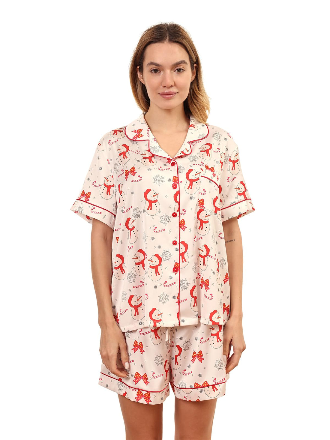 Christmas Pajamas Shorts Silk Pjs Women Satin Pajama Cute Print Tee and Shorts Gift Sleepwear 2 Pieces Loungewear