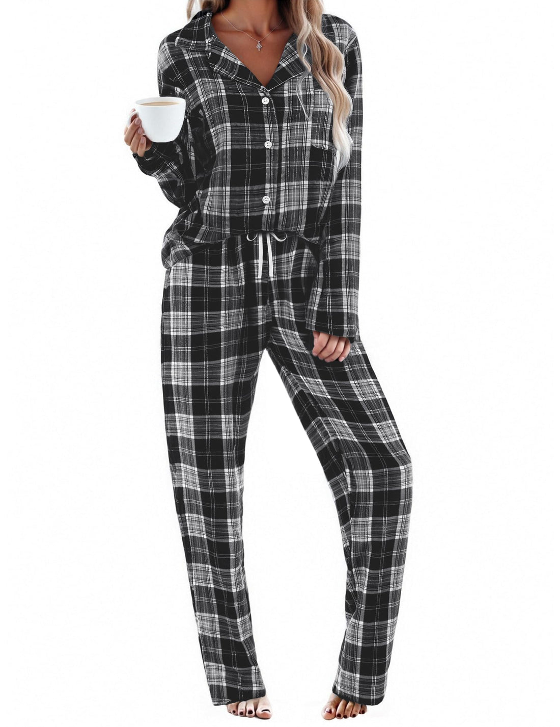 Ekouaer Womens Pajama Sets 2 Piece Cotton Plaid Pjs Long Sleeve Sleepwear Button Down Lounge Set with Pockets
