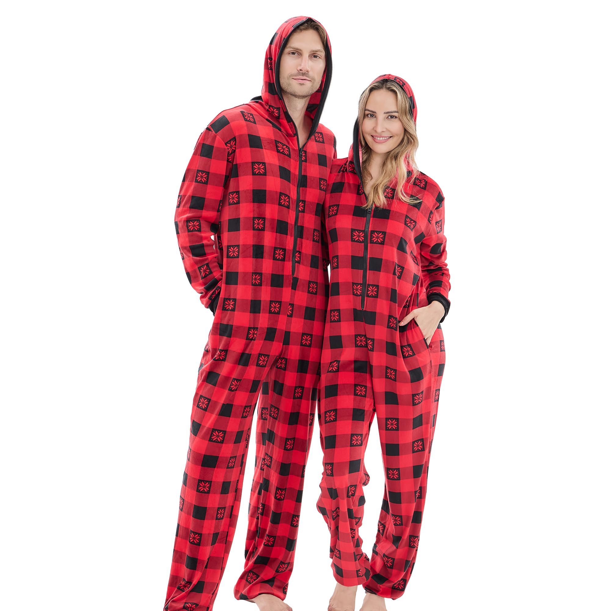 PJGGZ Onesie Couples Matching Pajamas - Funny Plaid Zipper Hooded Pjs Sets for Women & Men Soft Warm Christmas Jumpsuit WEBE CLOTHING