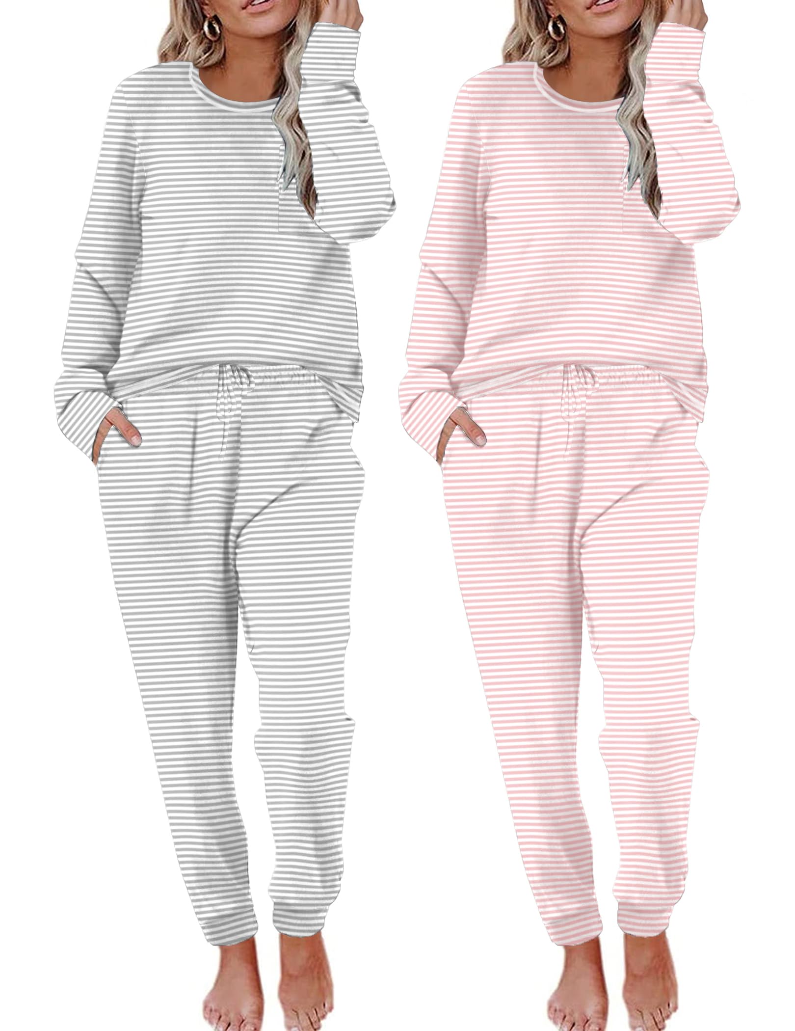 Ekouaer 2 Pack Womens Pajama Sets Long Sleeve Lounge Sets Soft Pj Sleepwear Loungewear