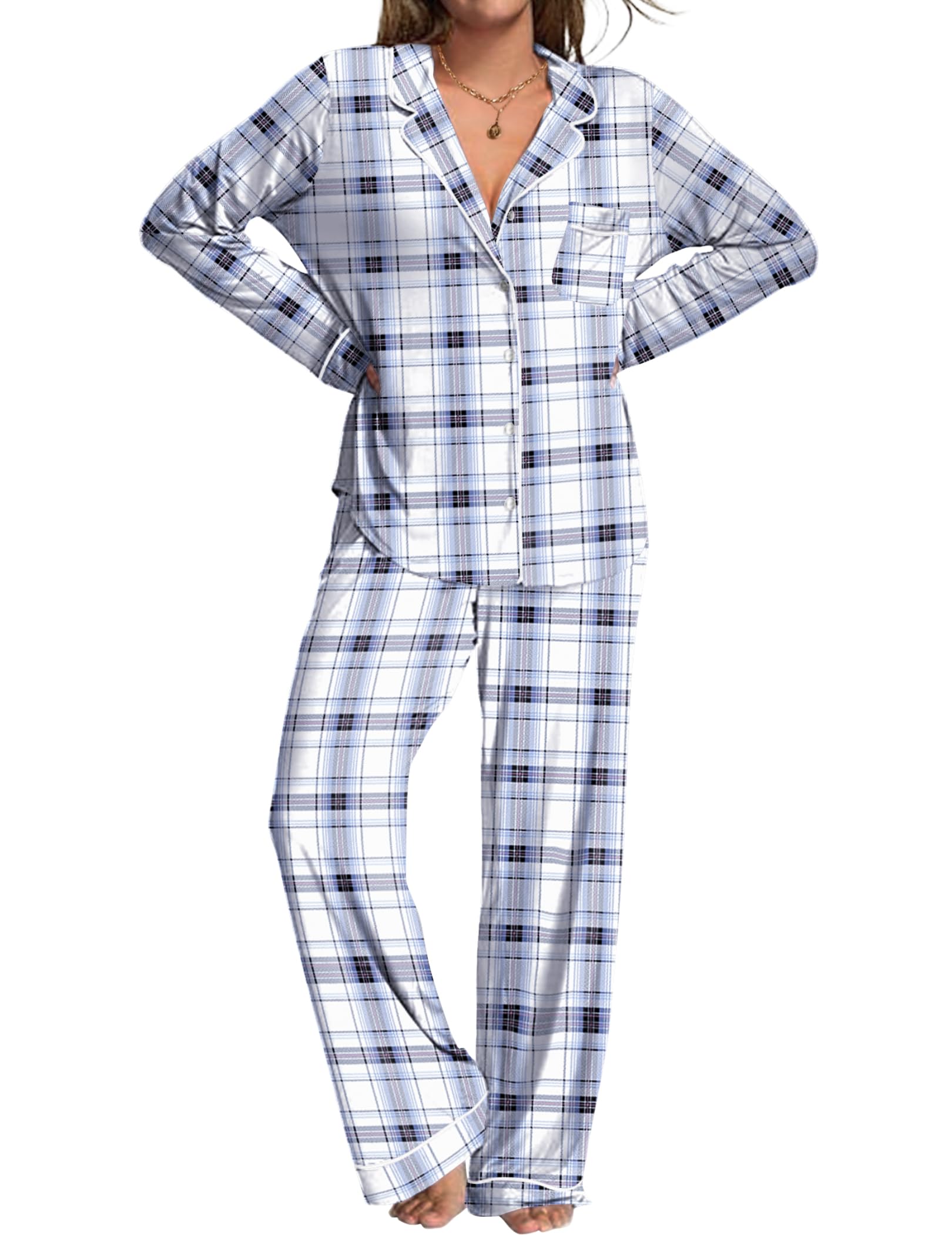 Ekouaer Womens Pajamas Set 2 Piece Button Down Pjs Soft Long Sleeve Top and Pants Sleepwear Set Lounge Sets
