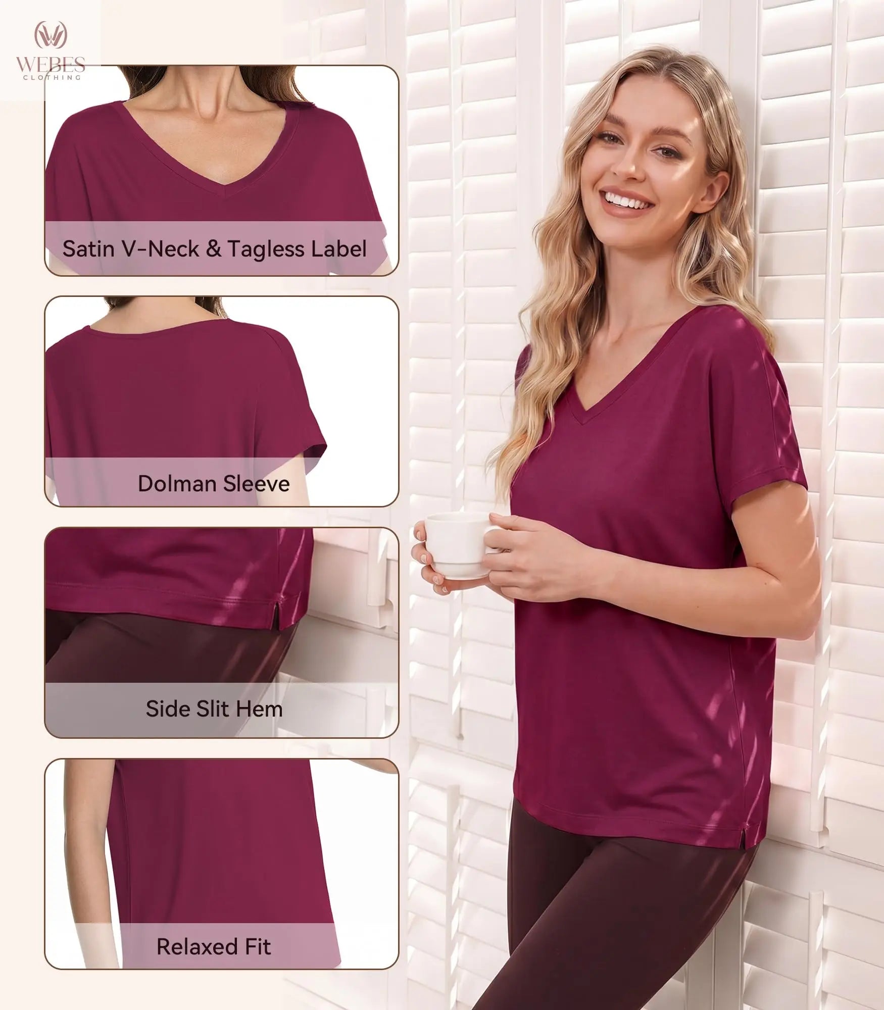WiWi Bamboo Viscose Shirts for Women, Super Soft Short Sleeve Sleep Pajama Tops, Cooling Satin V Neck Summer Lounge Wear