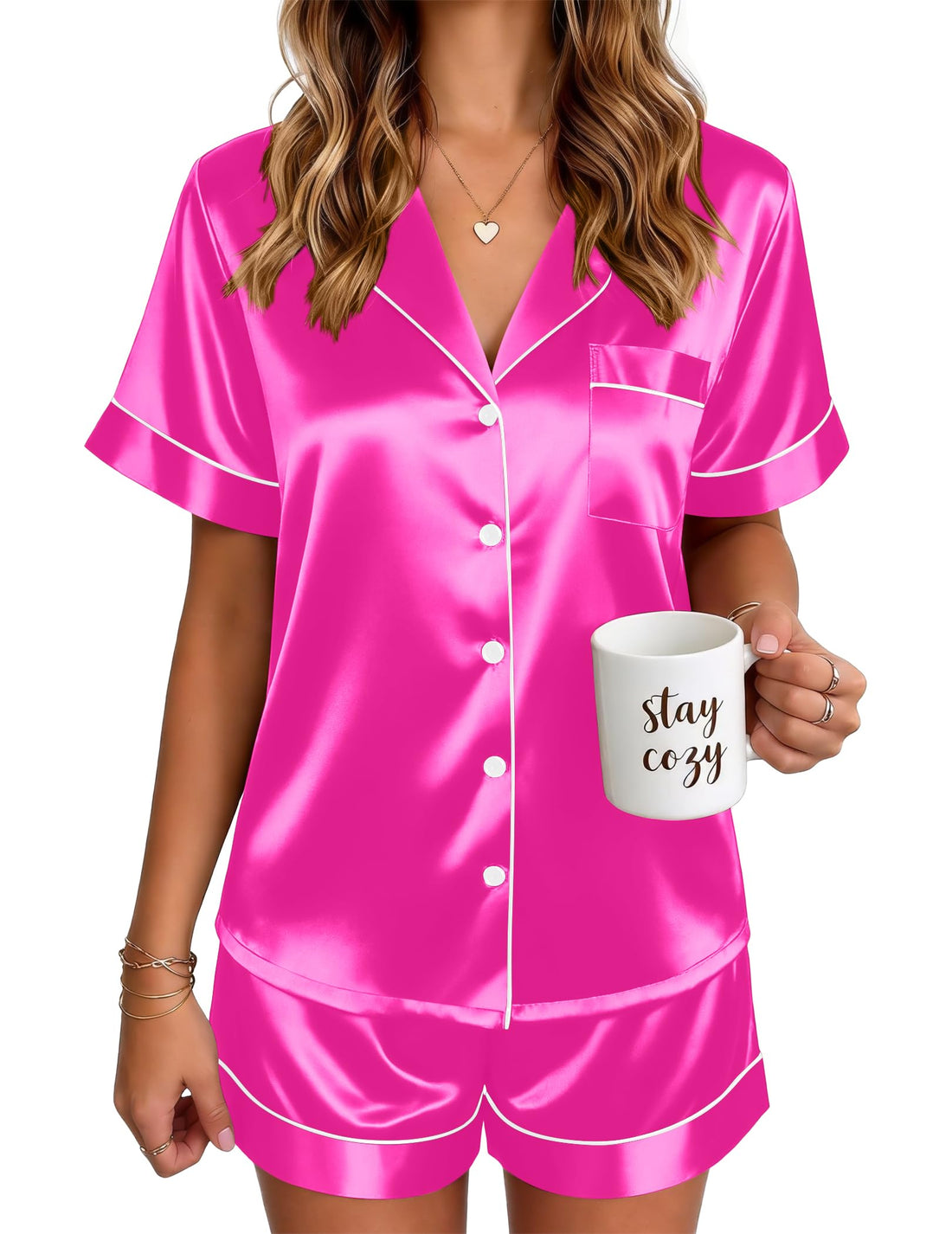 Ekouaer Satin Pajamas for Women Silk Pjs Short Set 2 Piece Button Up Lounge Sets Short Sleeve Sleepwear S-XXL