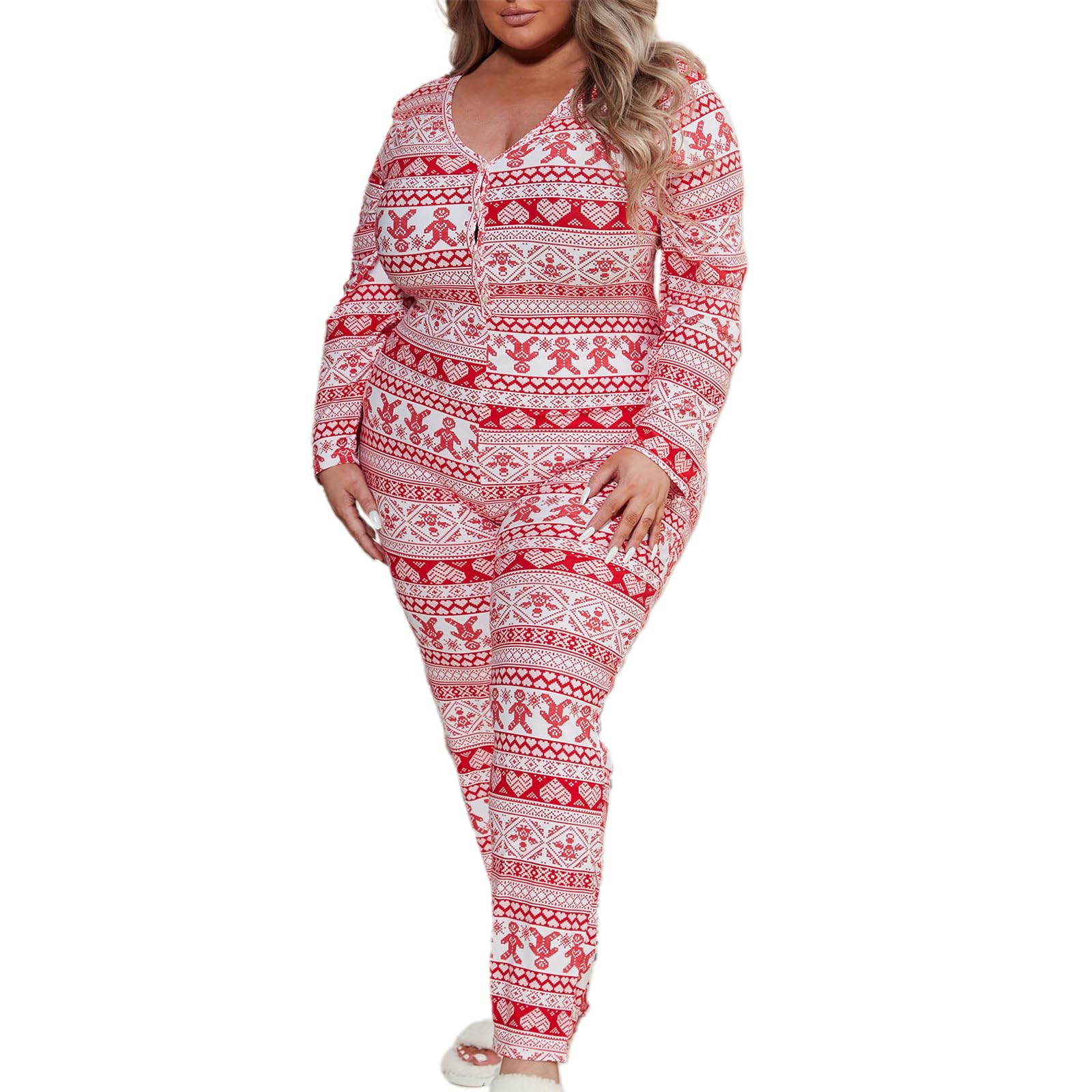 Women Christmas Long Sleeve Stripe Heart One Piece Pajamas Bodycon Jumpsuit Button Neck Sleepwear WEBE CLOTHING