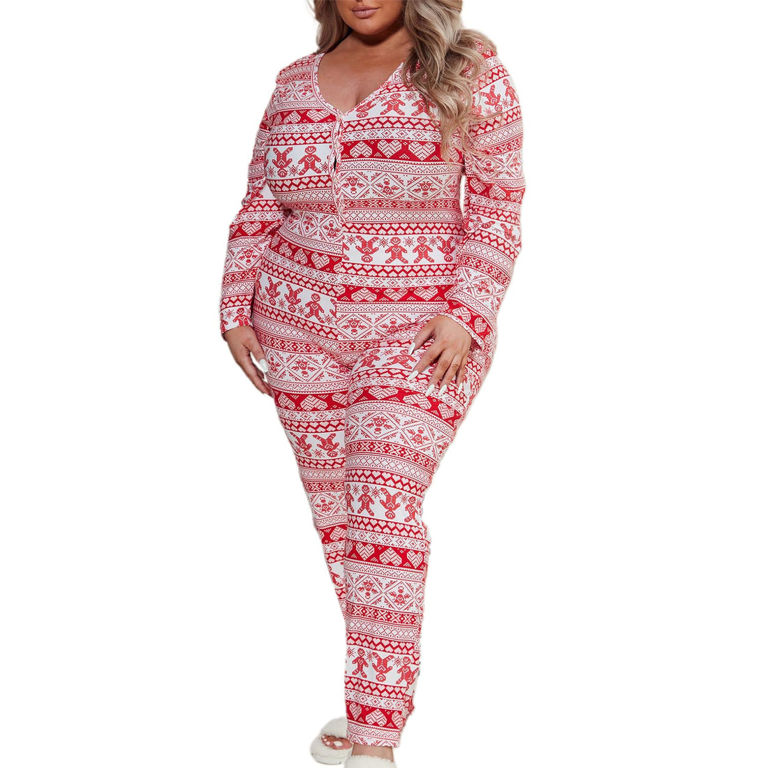 Women Christmas Long Sleeve Stripe Heart One Piece Pajamas Bodycon Jumpsuit Button Neck Sleepwear WEBE CLOTHING