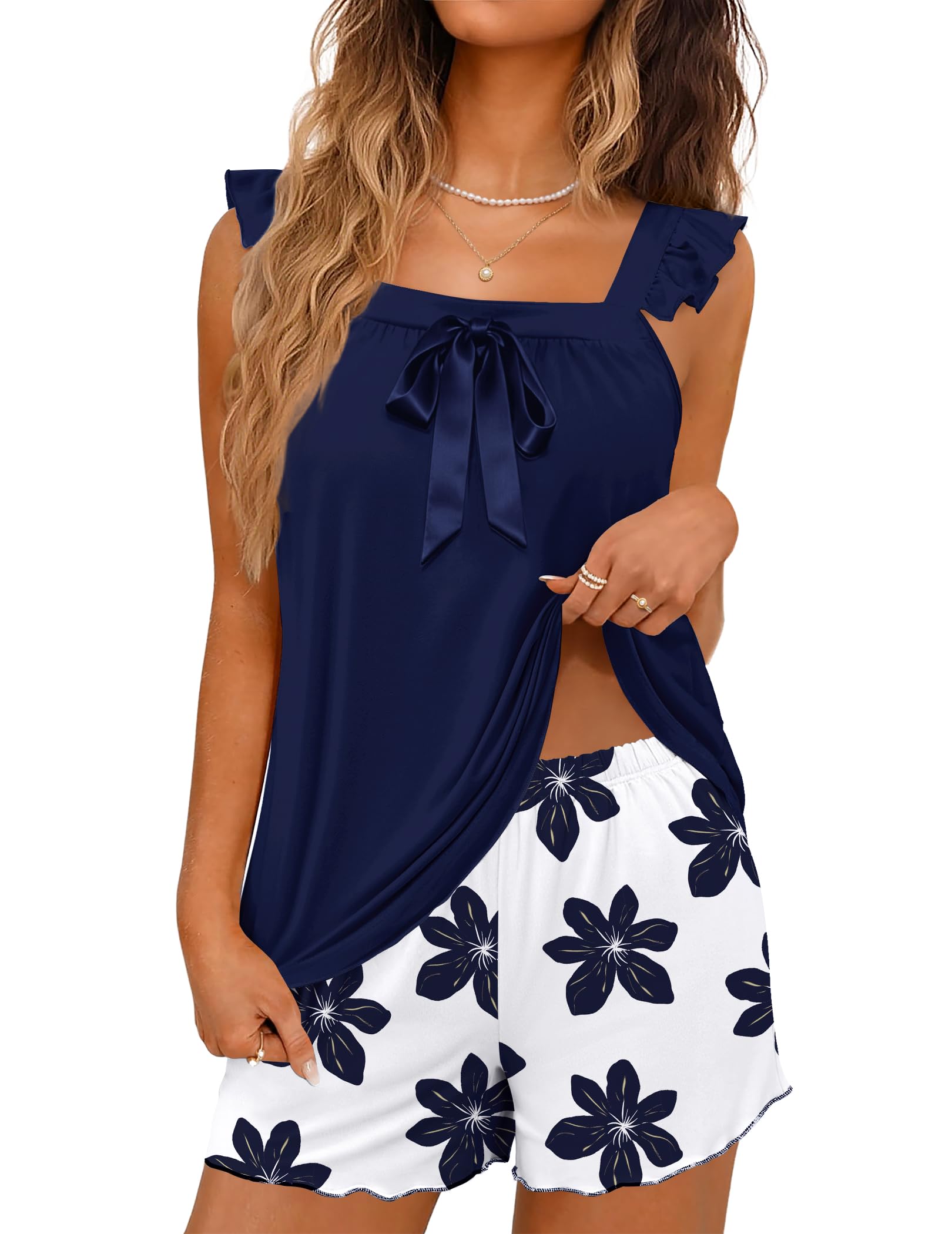 Ekouaer Pajama for Women 2 Piece Soft Pjs Sets Bow Tank Top and Shorts Set Bridal Ruffle Pajamas for Women XS-2XL